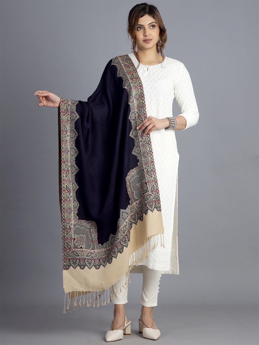 

HANDICRAFT PALACE Women Navy Blue & Beige Woven Design Wool Stole