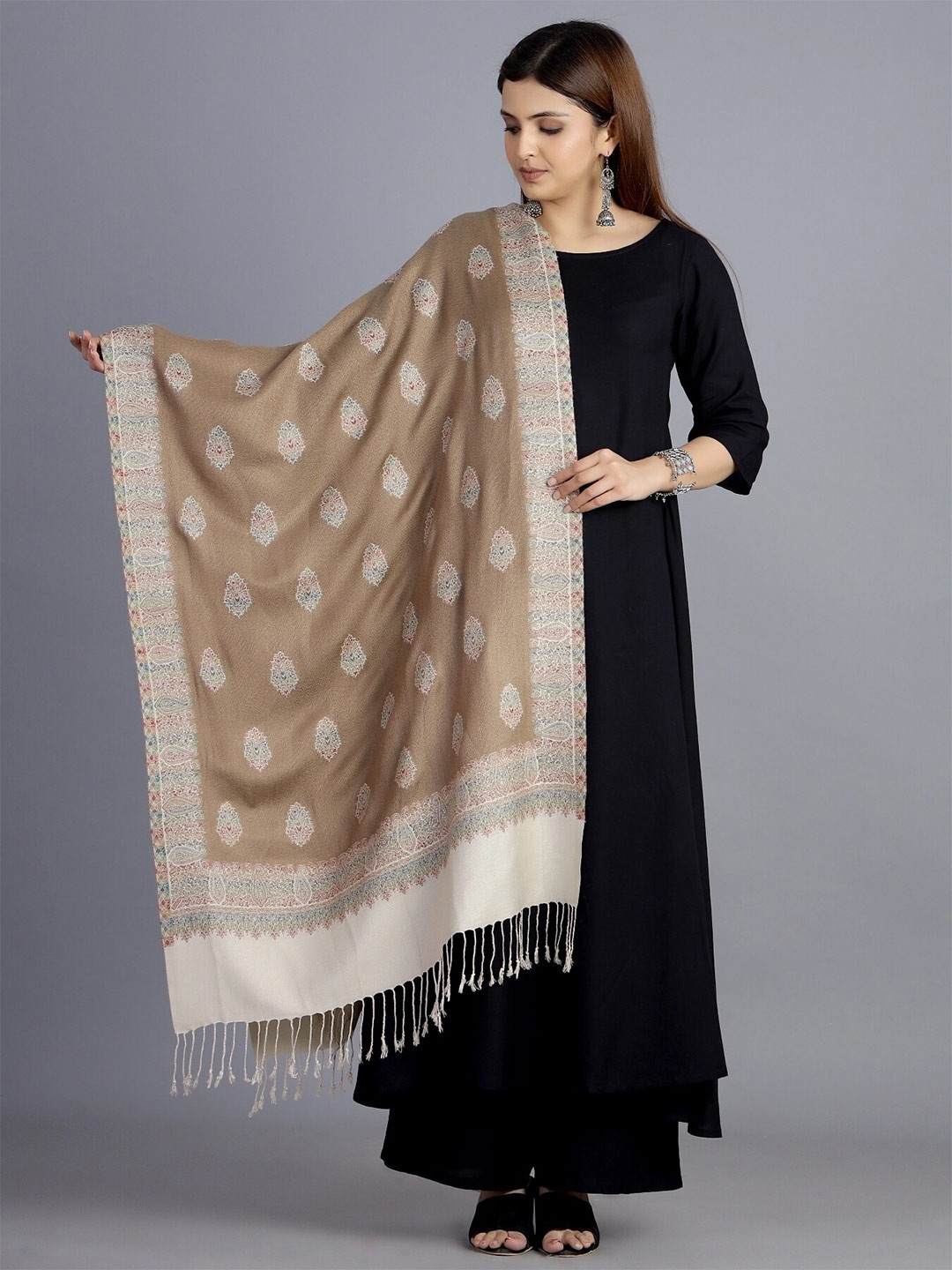 

HANDICRAFT PALACE Women Brown & Off White Woven Design Wool Stole