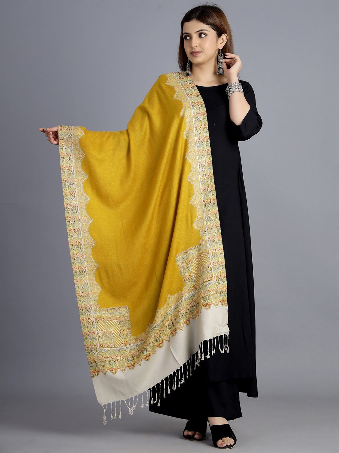 

HANDICRAFT PALACE Women Mustard Yellow & Off White Woven Design Wool Stole