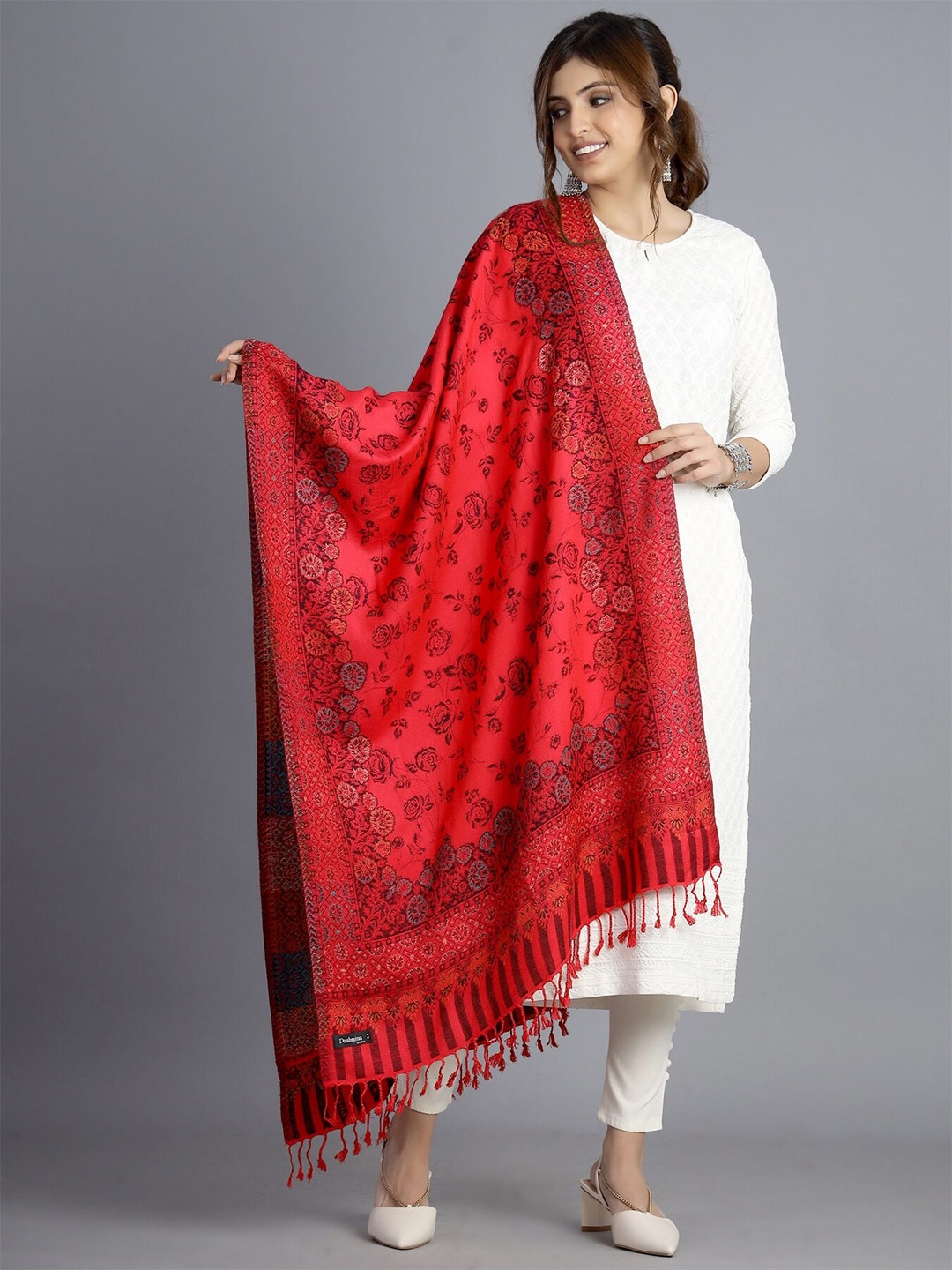 

HANDICRAFT PALACE Women Red & Black Woven Design Wool Stole