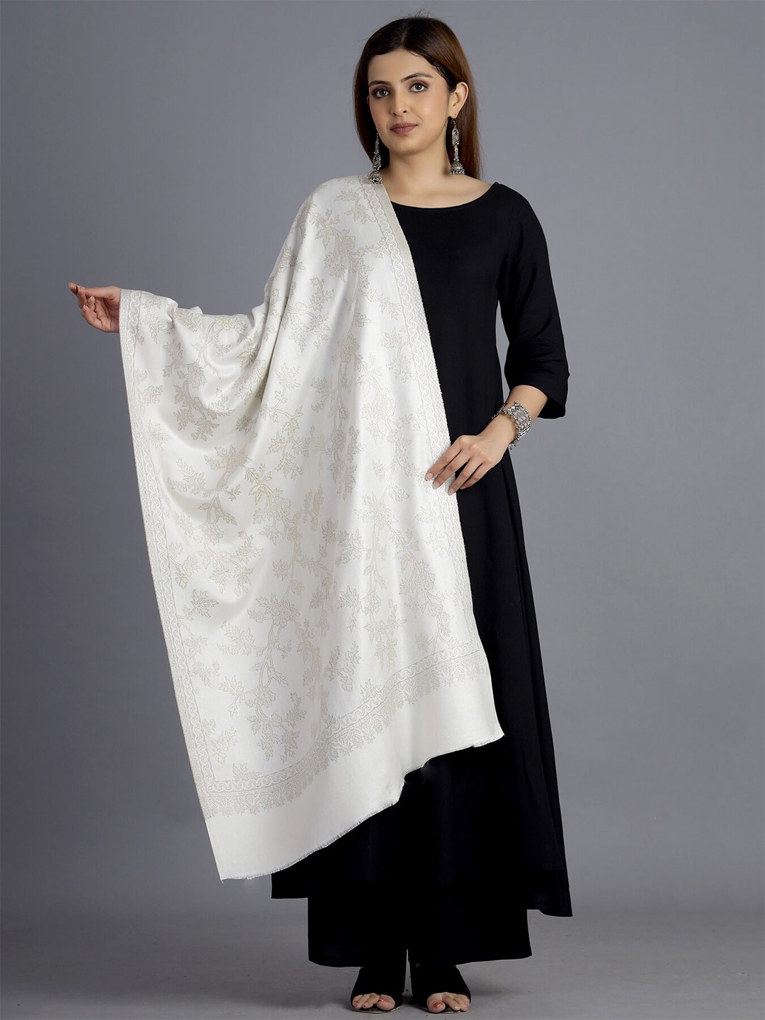 

HANDICRAFT PALACE Women Off White & Grey Floral Woven Design Wool Stole