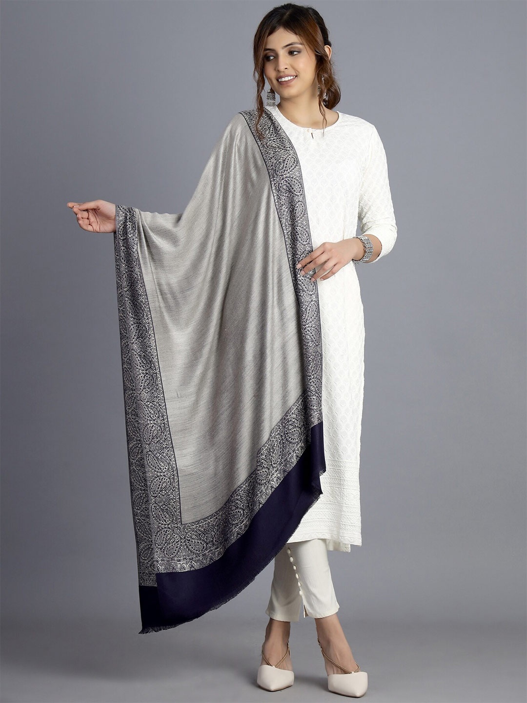 

HANDICRAFT PALACE Women Grey & Navy Blue Paisley Woven Design Wool Stole