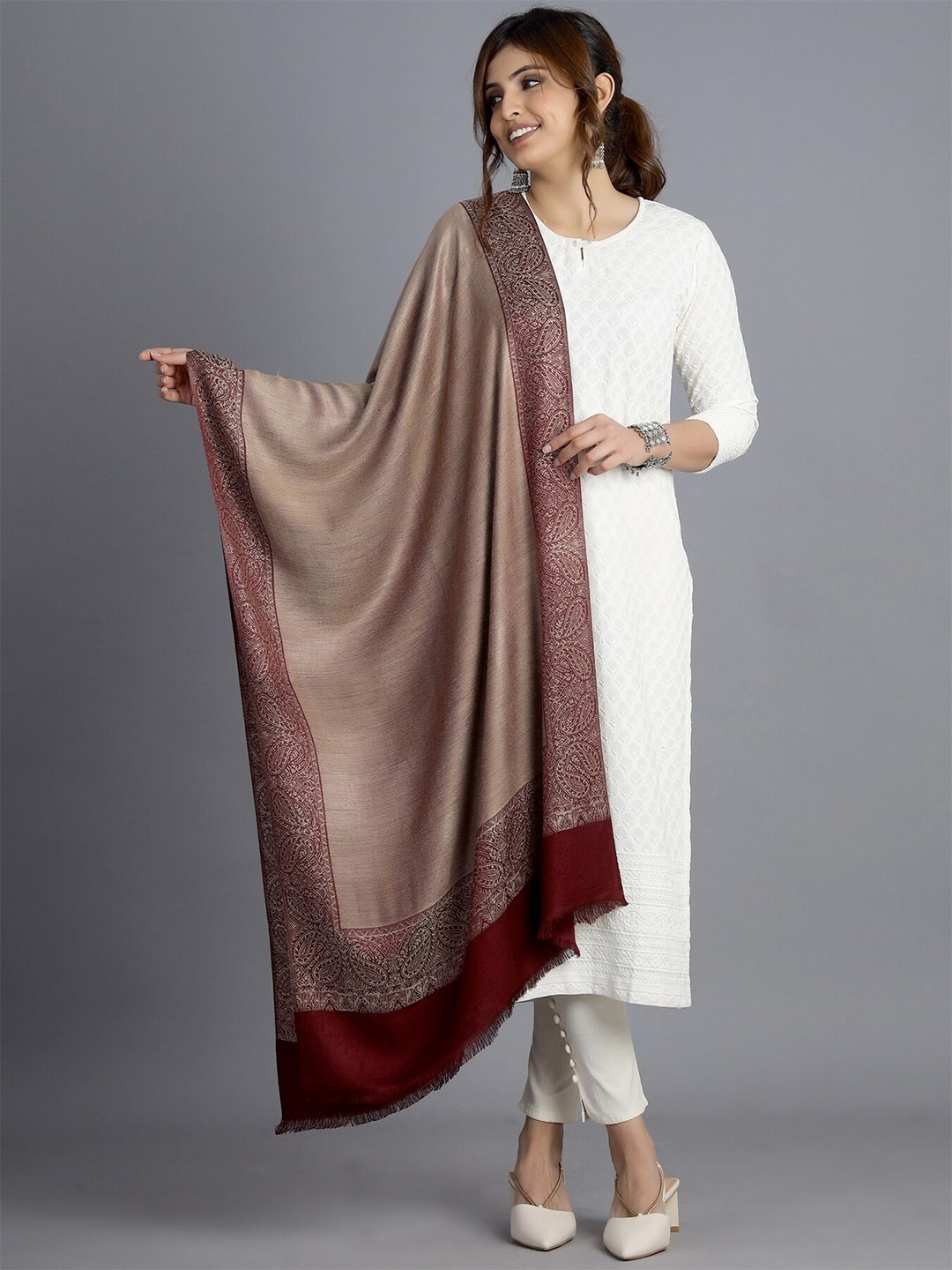 

HANDICRAFT PALACE Women Beige & Maroon Woven Design Wool Stole