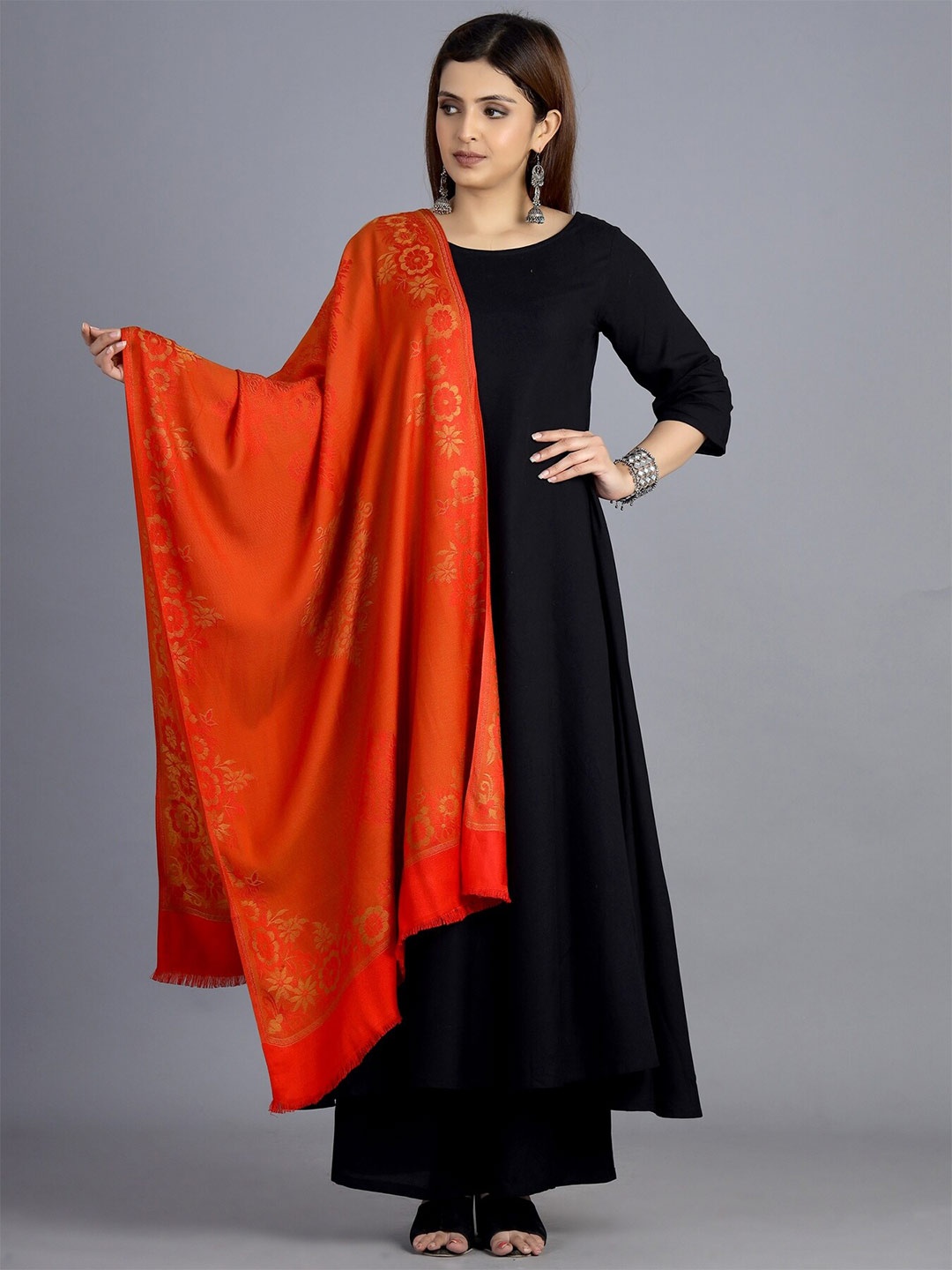 

HANDICRAFT PALACE Women Red & Gold Floral Woven Design Wool Stole