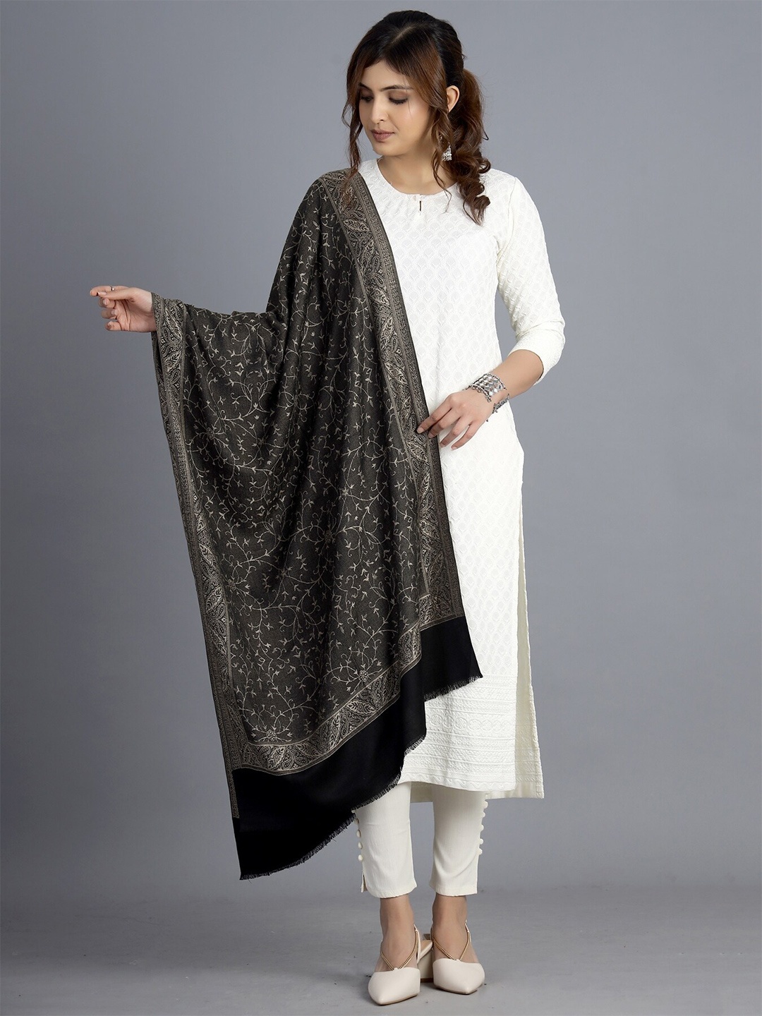 

HANDICRAFT PALACE Women Black & Off White Woven Design Wool Stole