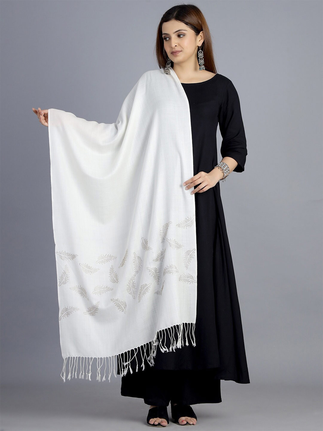 

HANDICRAFT PALACE Women White & Silver Embellished Wool Stole