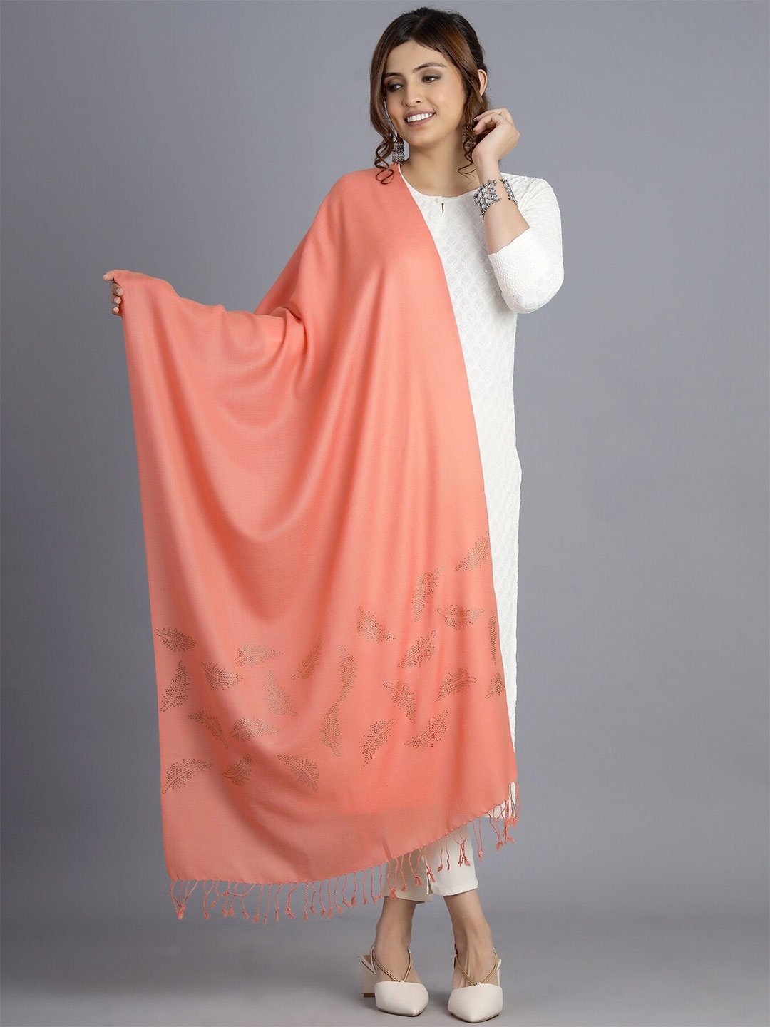 

HANDICRAFT PALACE Women Peach Embroidered Wool Stole