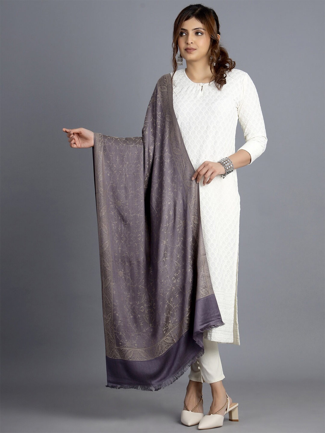 

HANDICRAFT PALACE Women Grey & Beige Woven Design Wool Stole