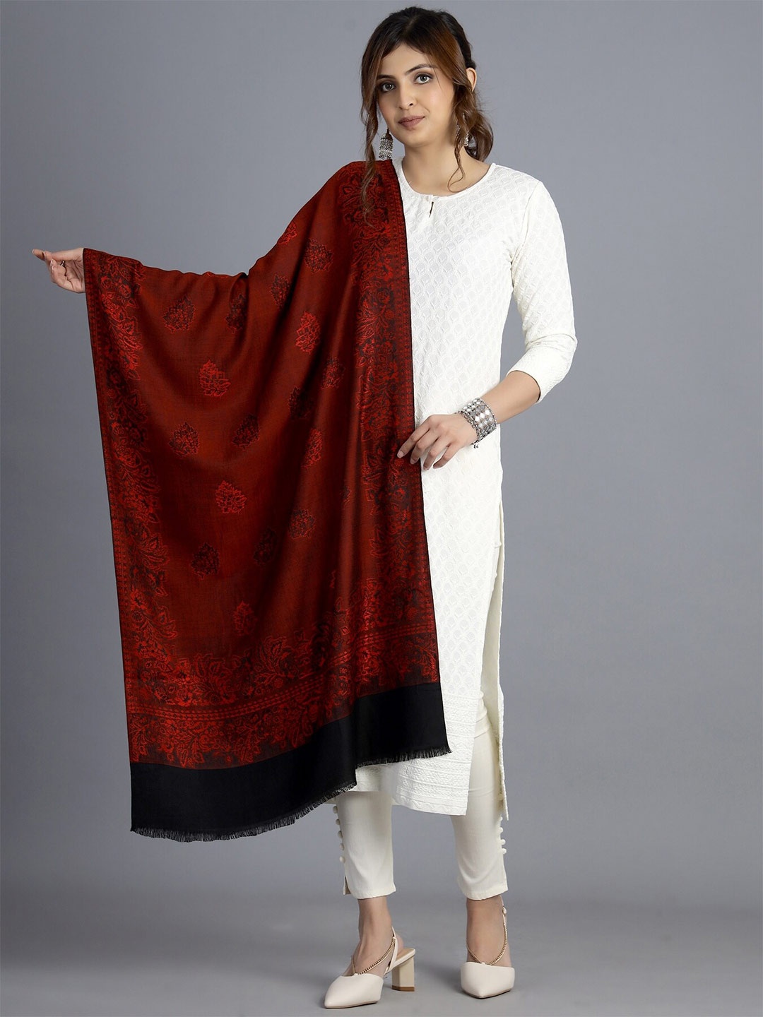 

HANDICRAFT PALACE Women Maroon & Black Woven Design Wool Stole