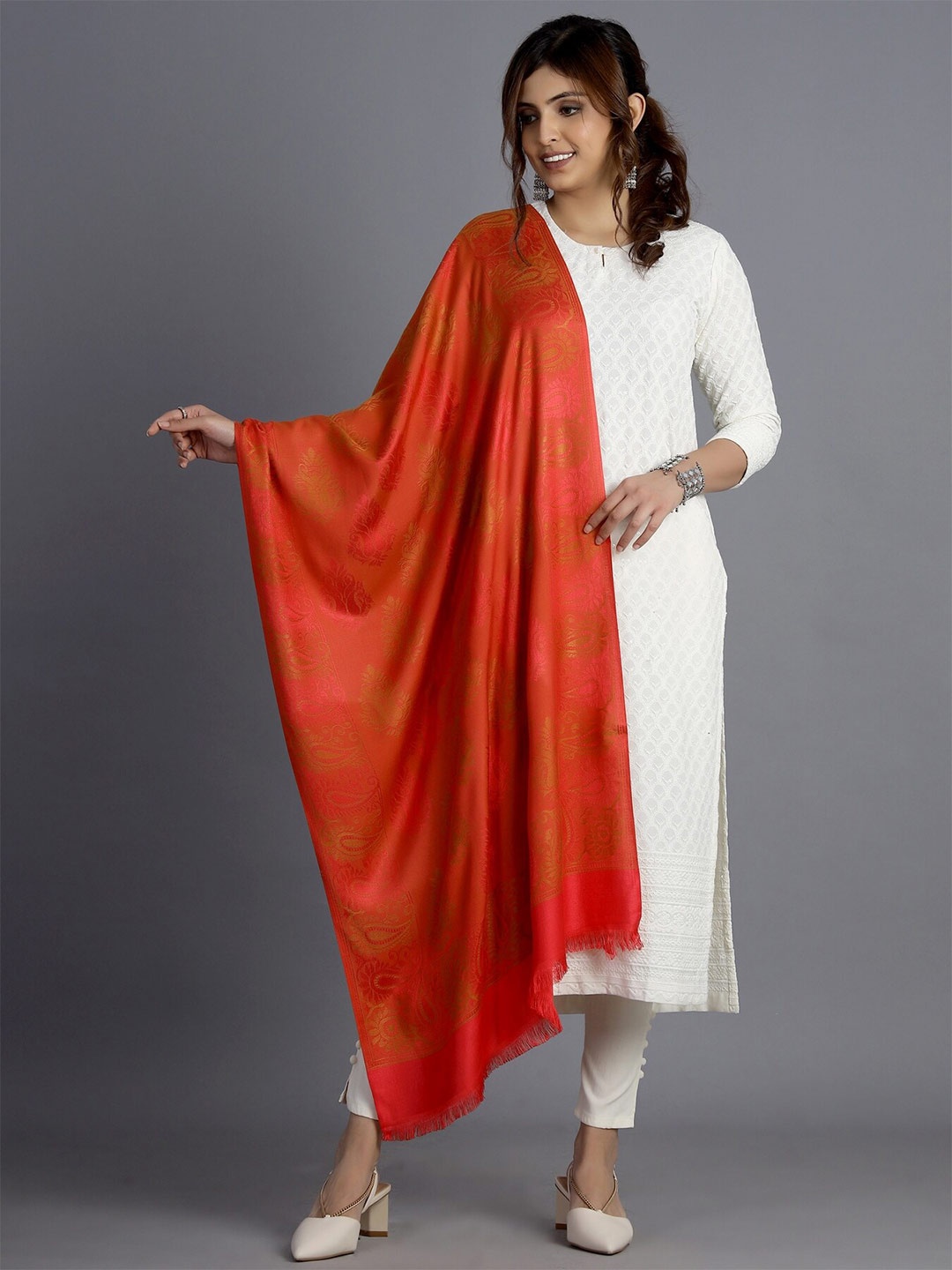 

HANDICRAFT PALACE Women Red & Mustard Yellow Woven Design Wool Stole