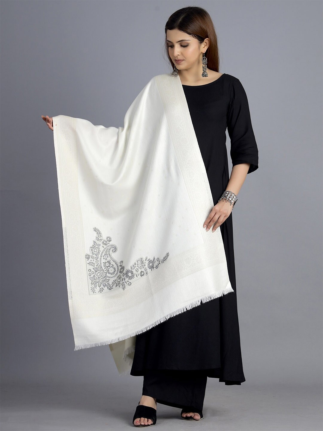 

HANDICRAFT PALACE Women Off White & Grey Paisley Woven Design Wool Stole