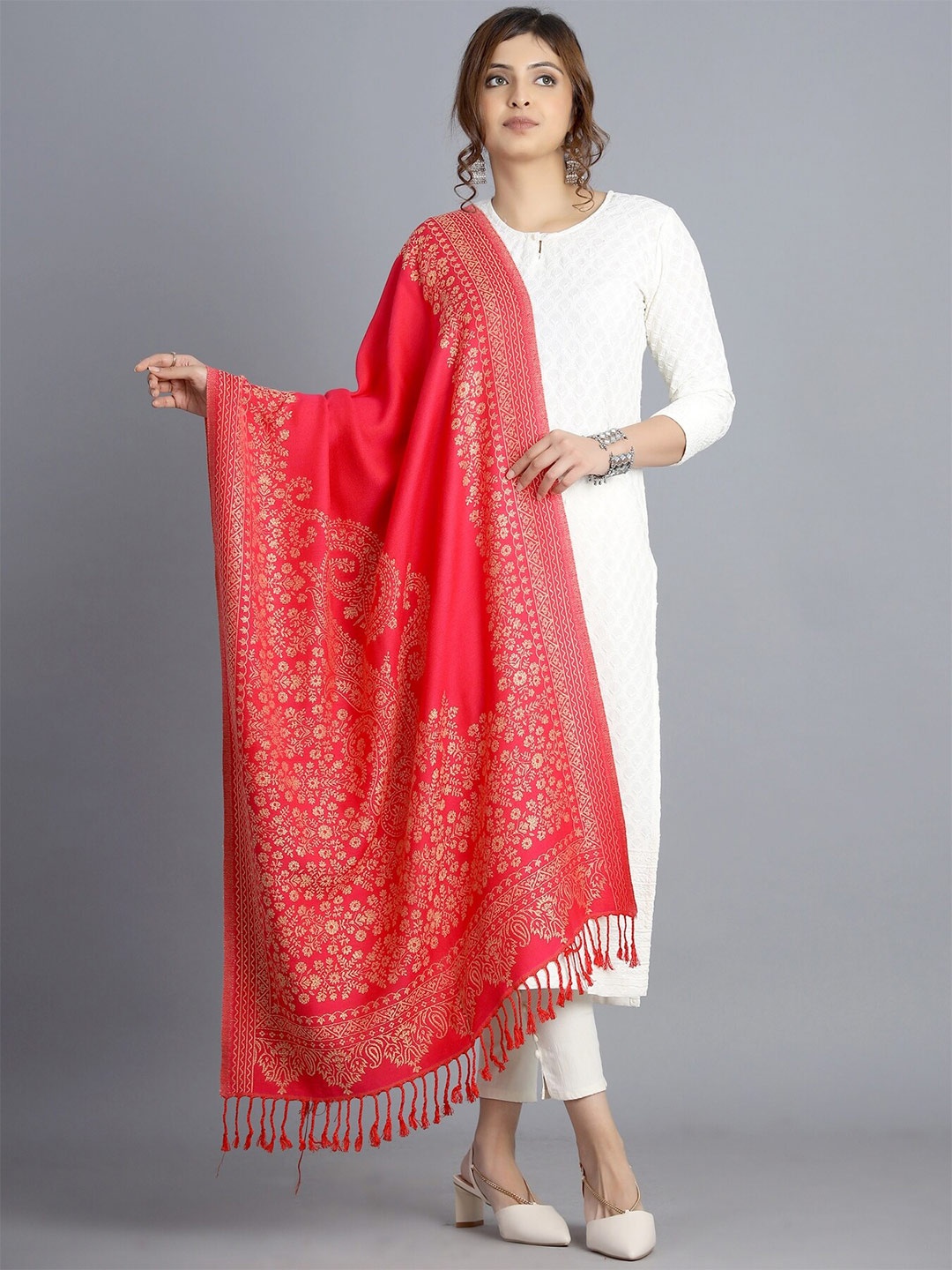 

HANDICRAFT PALACE Women Pink & Gold Woven Design Wool Stole