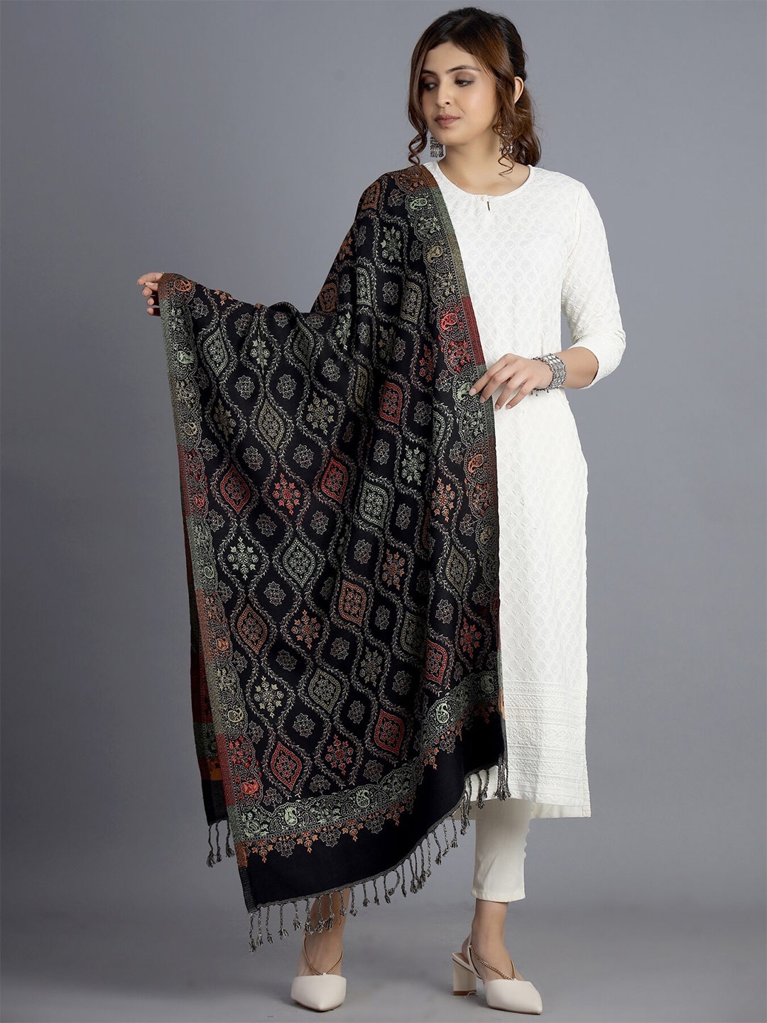 

HANDICRAFT PALACE Women Black & Red Woven Design Wool Stole