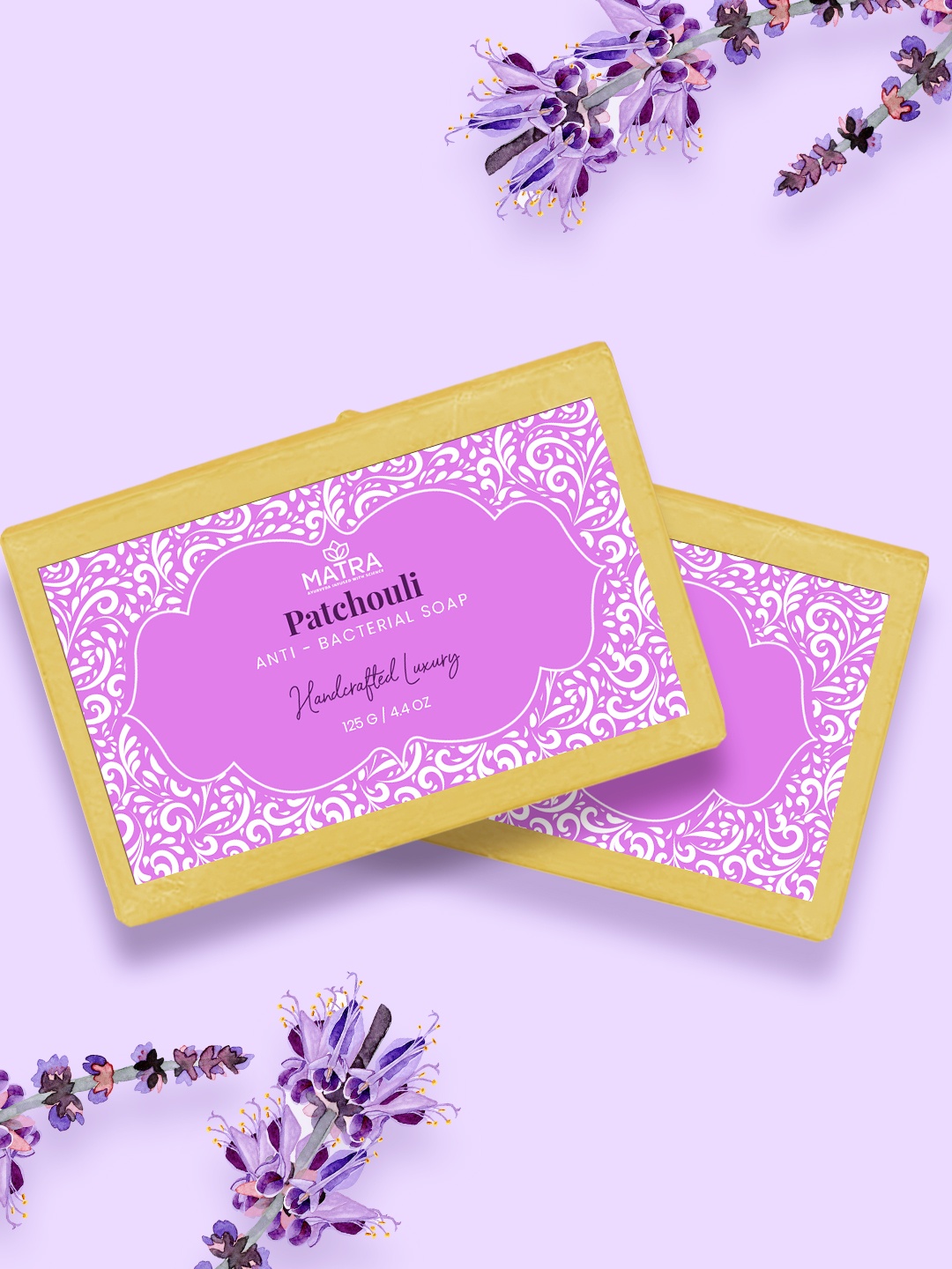 

MATRA Set Of 2 Handcrafted Luxury Patchouli Anti-Bacterial Soap with Aloe Vera - 125g each, Purple