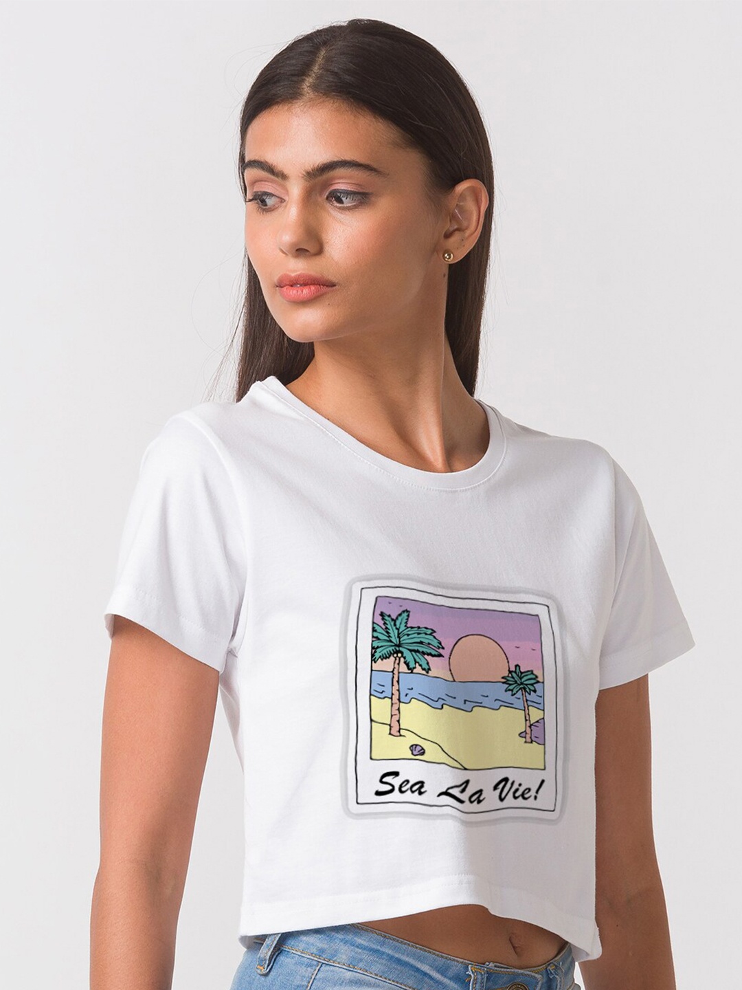 

FashionRack Women White Printed Cotton Tropical Antimicrobial T-shirt