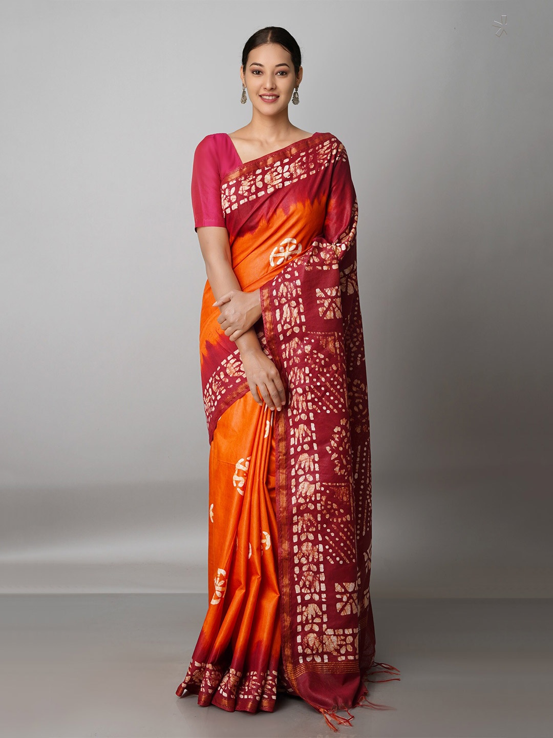 

Unnati Silks Orange & Maroon Batik Zari Pure Silk Handloom Chanderi Saree