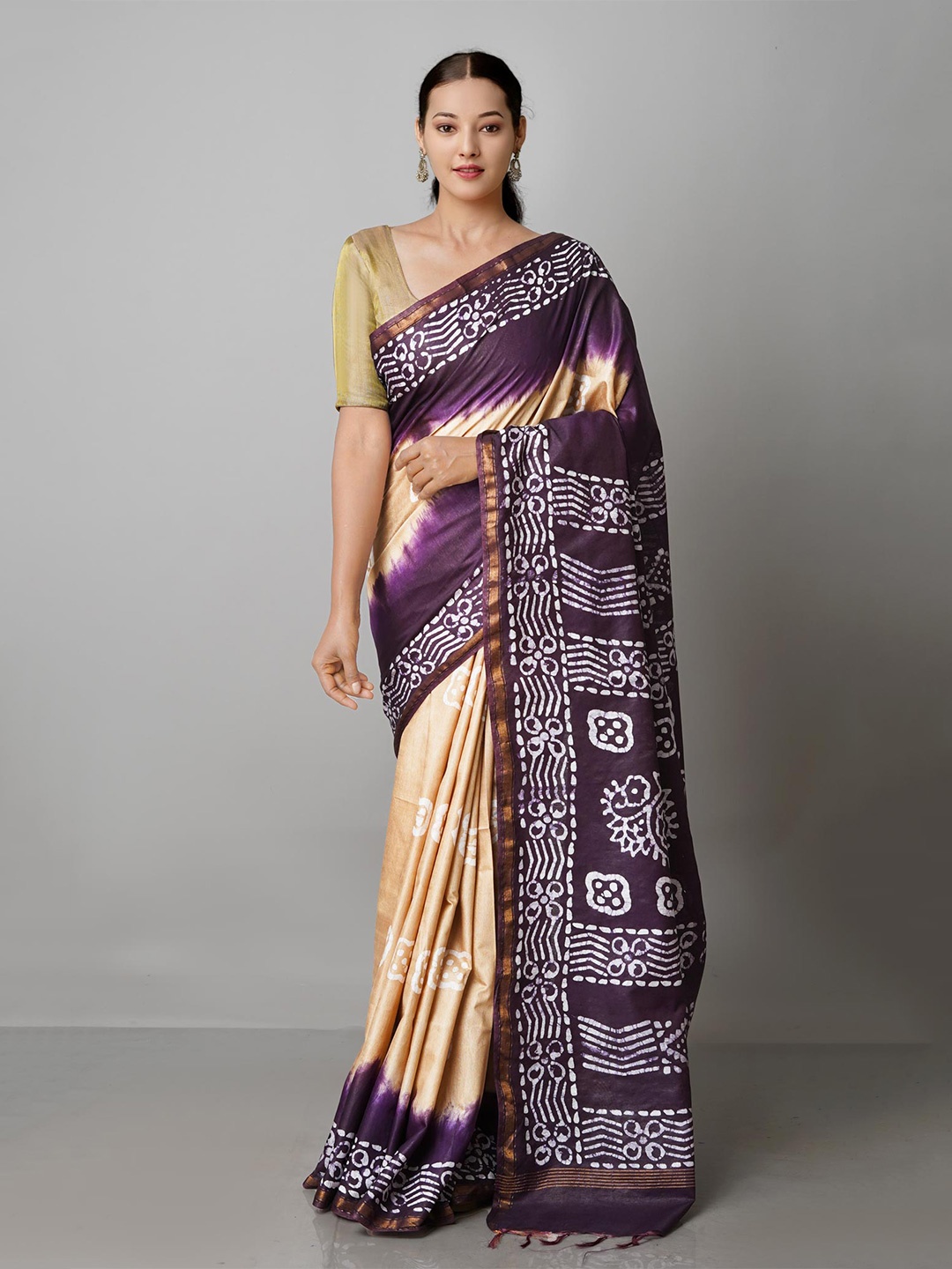 

Unnati Silks Cream-Coloured & Purple Batik Zari Pure Silk Handloom Chanderi Saree