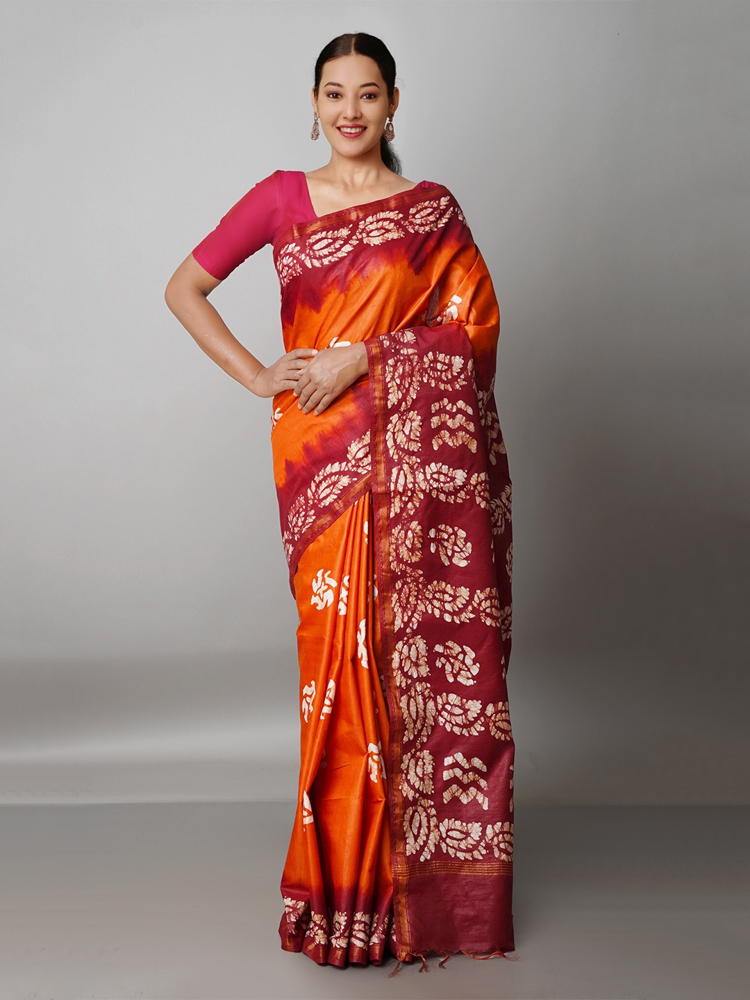 

Unnati Silks Orange & Maroon Batik Zari Pure Silk Handloom Chanderi Saree