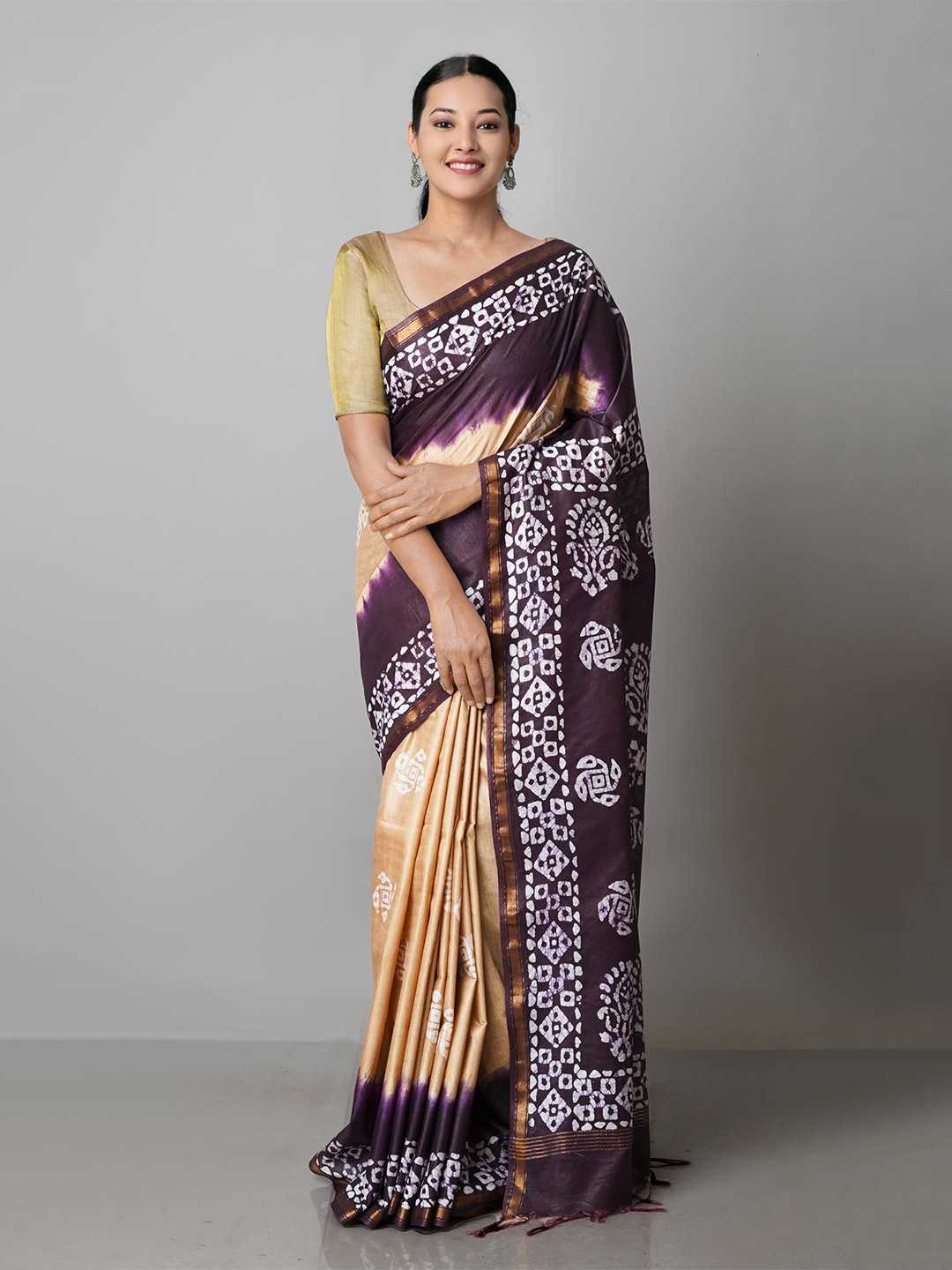 

Unnati Silks Cream-Coloured & Purple Batik Zari Pure Silk Handloom Chanderi Saree