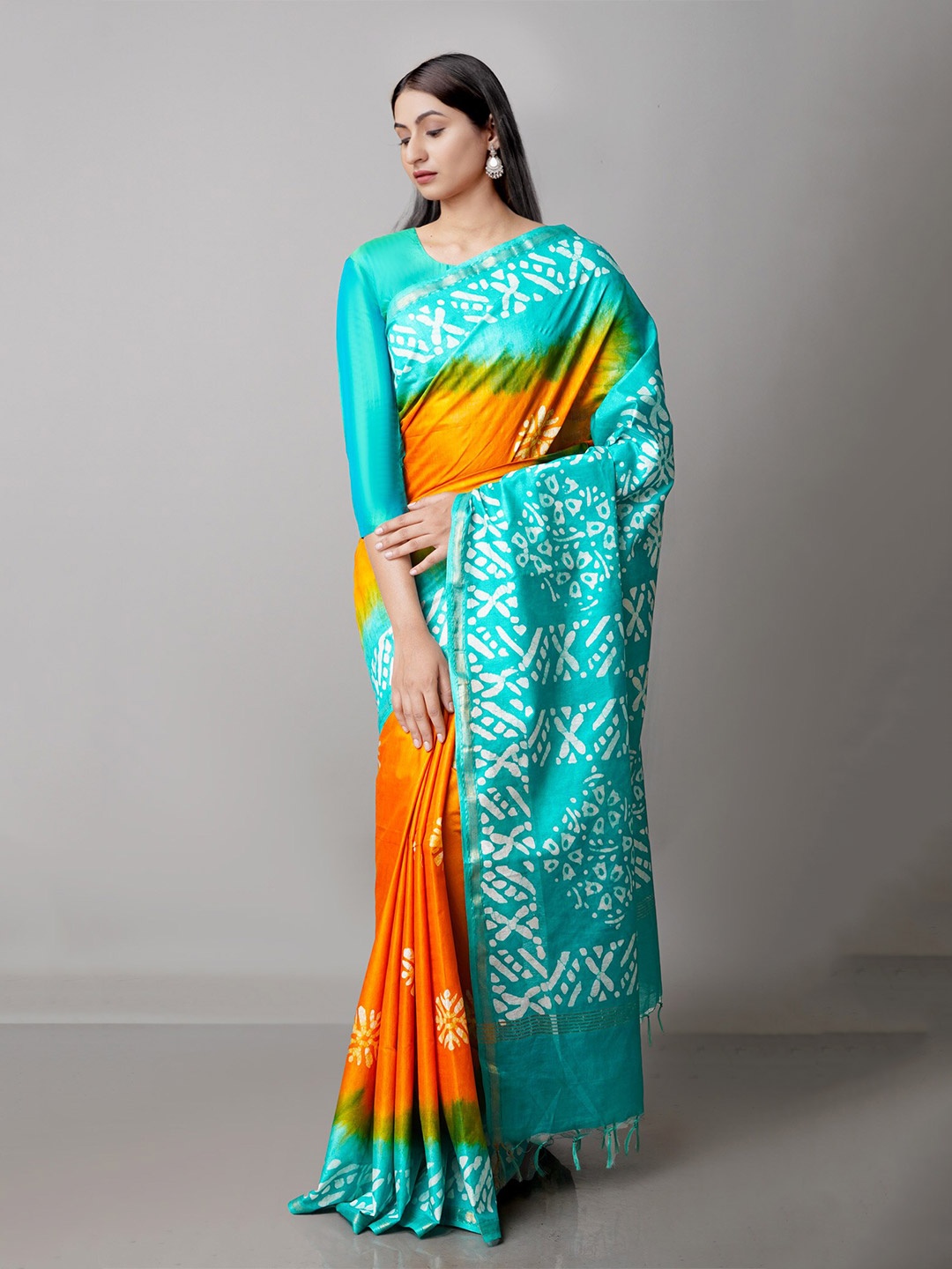

Unnati Silks Yellow & Blue Batik Zari Pure Silk Handloom Chanderi Saree, Mustard
