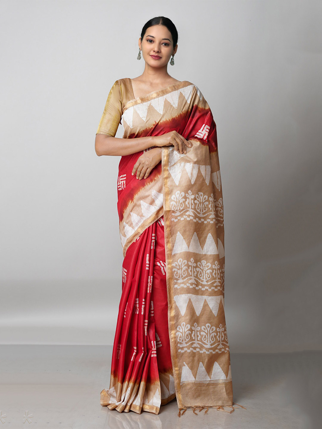 

Unnati Silks Red & Cream-Coloured Batik Zari Pure Silk Handloom Chanderi Saree