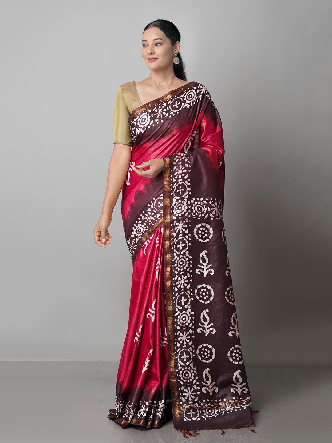 

Unnati Silks Purple & Brown Batik Zari Pure Silk Handloom Chanderi Saree