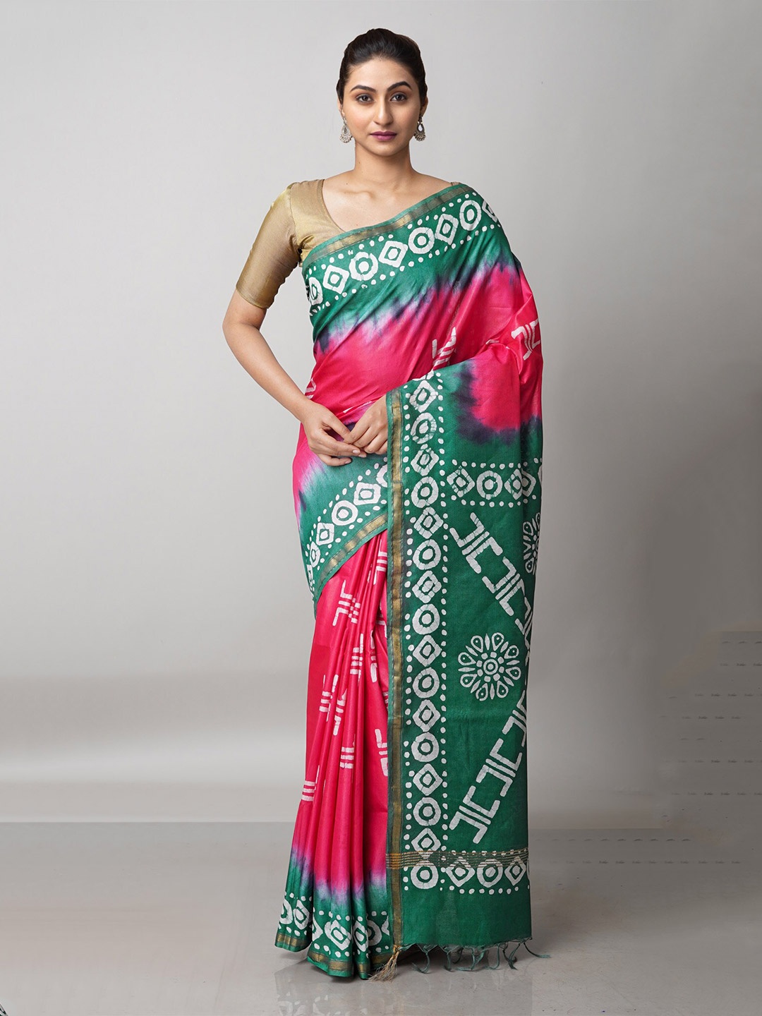 

Unnati Silks Pink & Green Batik Zari Pure Silk Handloom Chanderi Saree