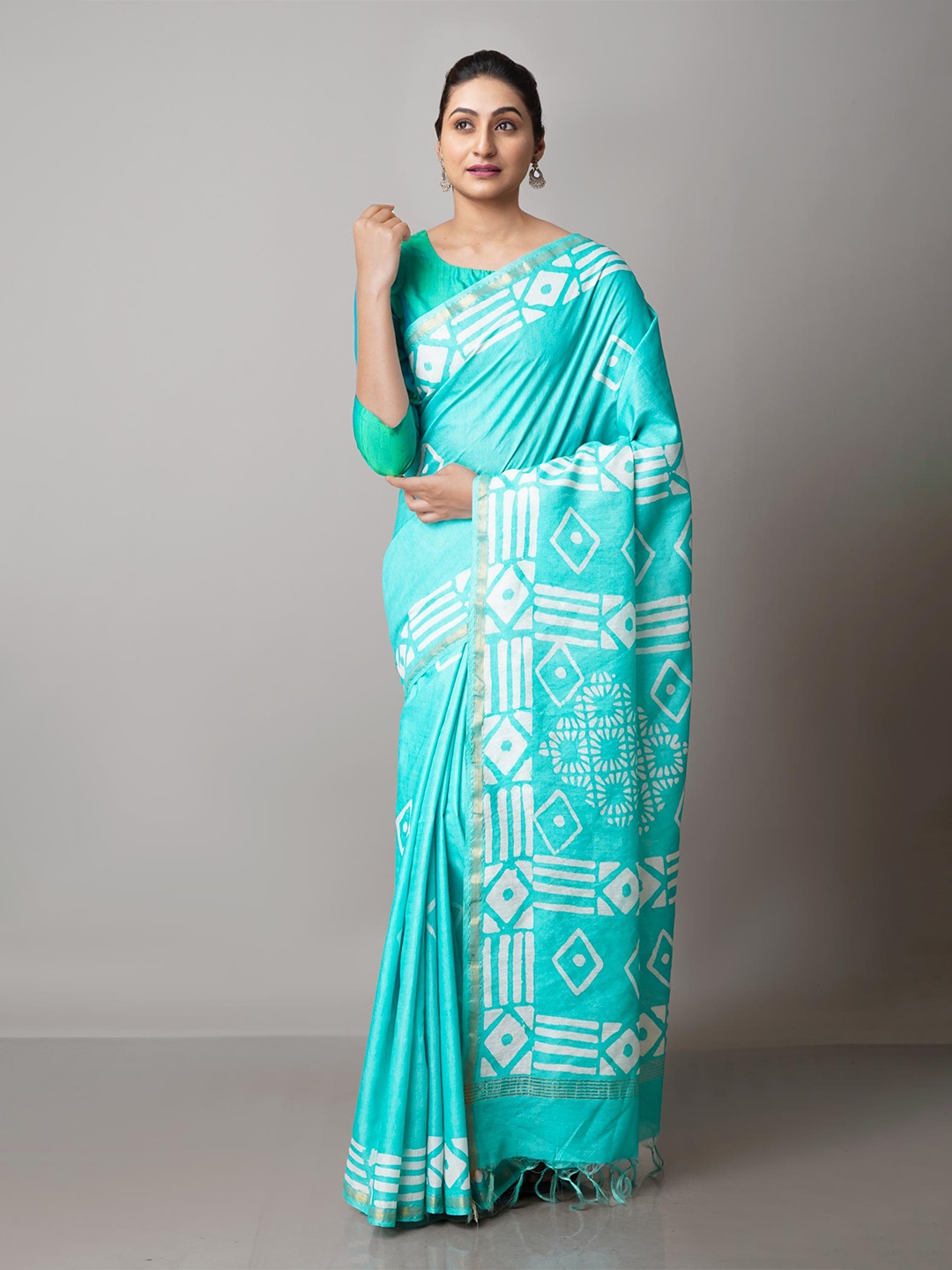 

Unnati Silks Blue & Gold-Toned Batik Zari Pure Silk Handloom Chanderi Saree