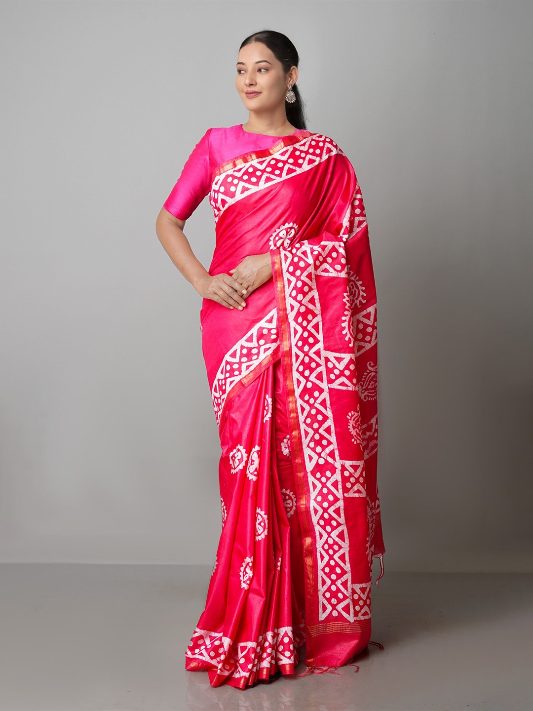 

Unnati Silks Pink & White Batik Pure Silk Chanderi Saree