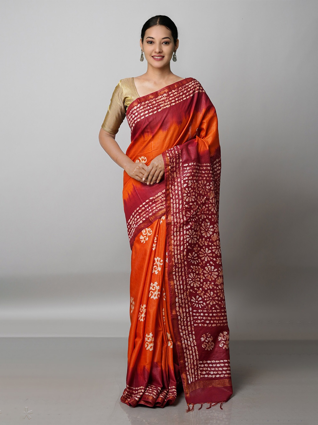 

Unnati Silks Orange & Maroon Batik Zari Pure Silk Handloom Chanderi Saree