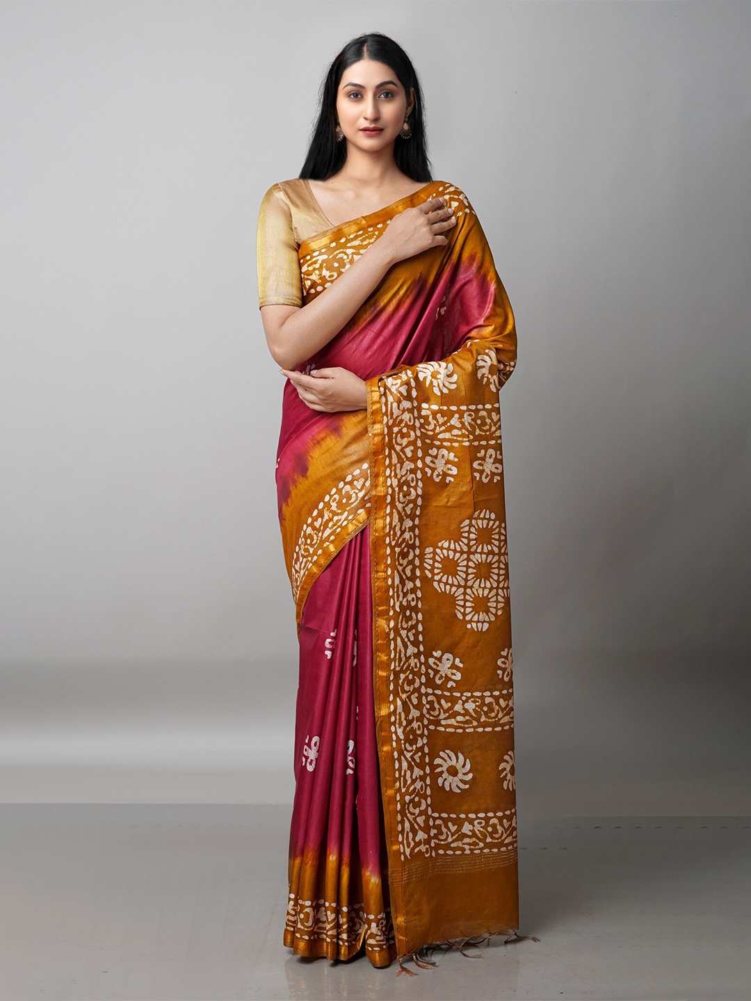 

Unnati Silks Maroon & Mustard Batik Zari Pure Silk Handloom Chanderi Saree