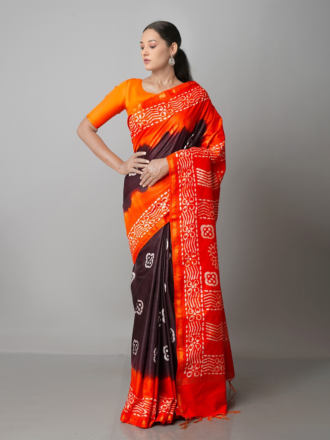 

Unnati Silks Purple & Orange Batik Zari Pure Silk Handloom Chanderi Saree