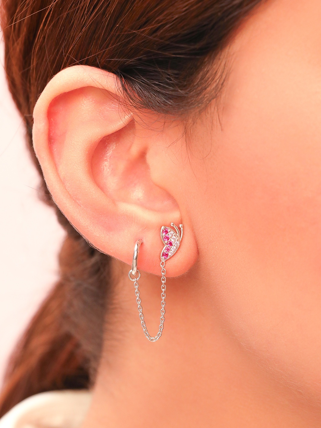 

Zavya Rhodium-Plated Silver-Toned & Pink Circular Cuff Earrings