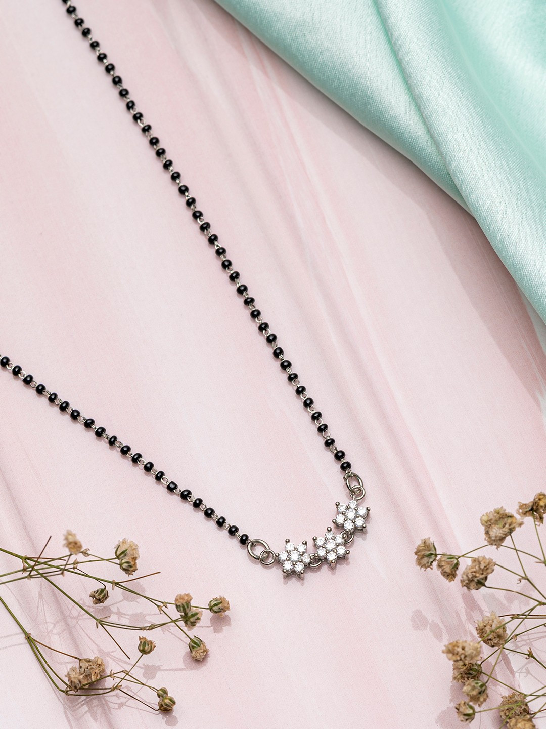 

Zavya Rhodium-Plated Silver & Black Beaded & Stone-Studded Mangalsutra