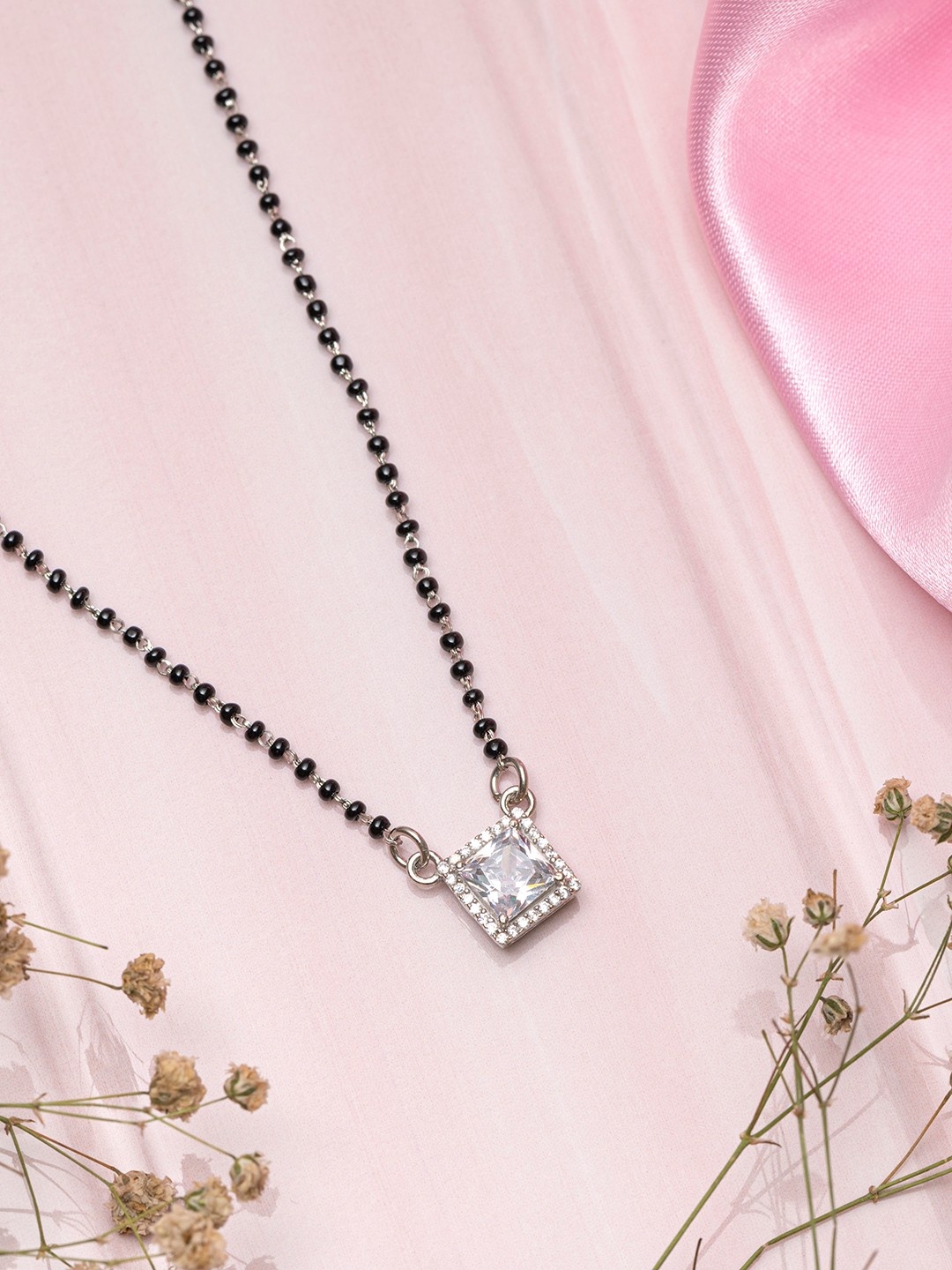 

Zavya Rhodium-Plated Silver & Black Artificial Stones & Beads-Studded Mangalsutra