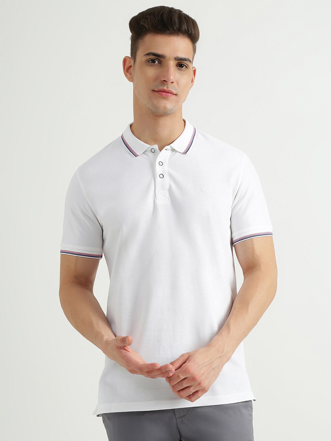 

United Colors of Benetton Men White Polo Collar Cotton T-shirt