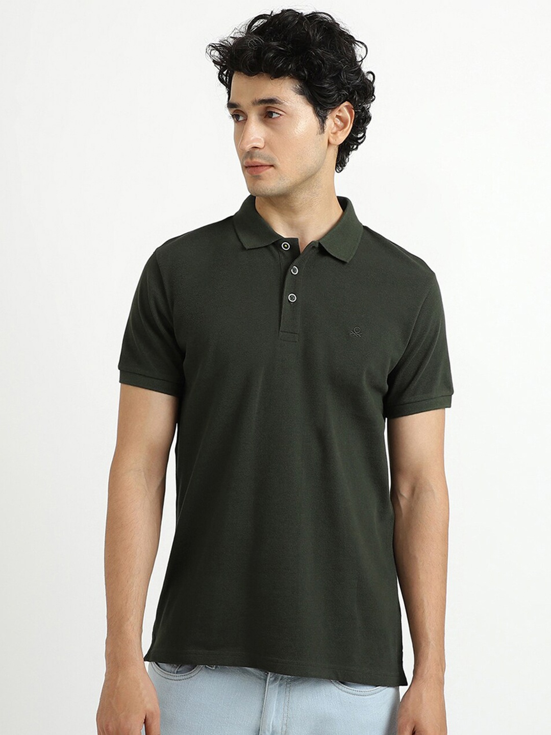 

United Colors of Benetton Men Olive Green Polo Collar Cotton T-shirt