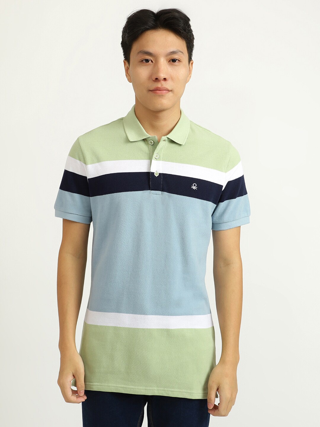 

United Colors of Benetton Men Blue & Green Colourblocked Polo Collar Cotton T-shirt