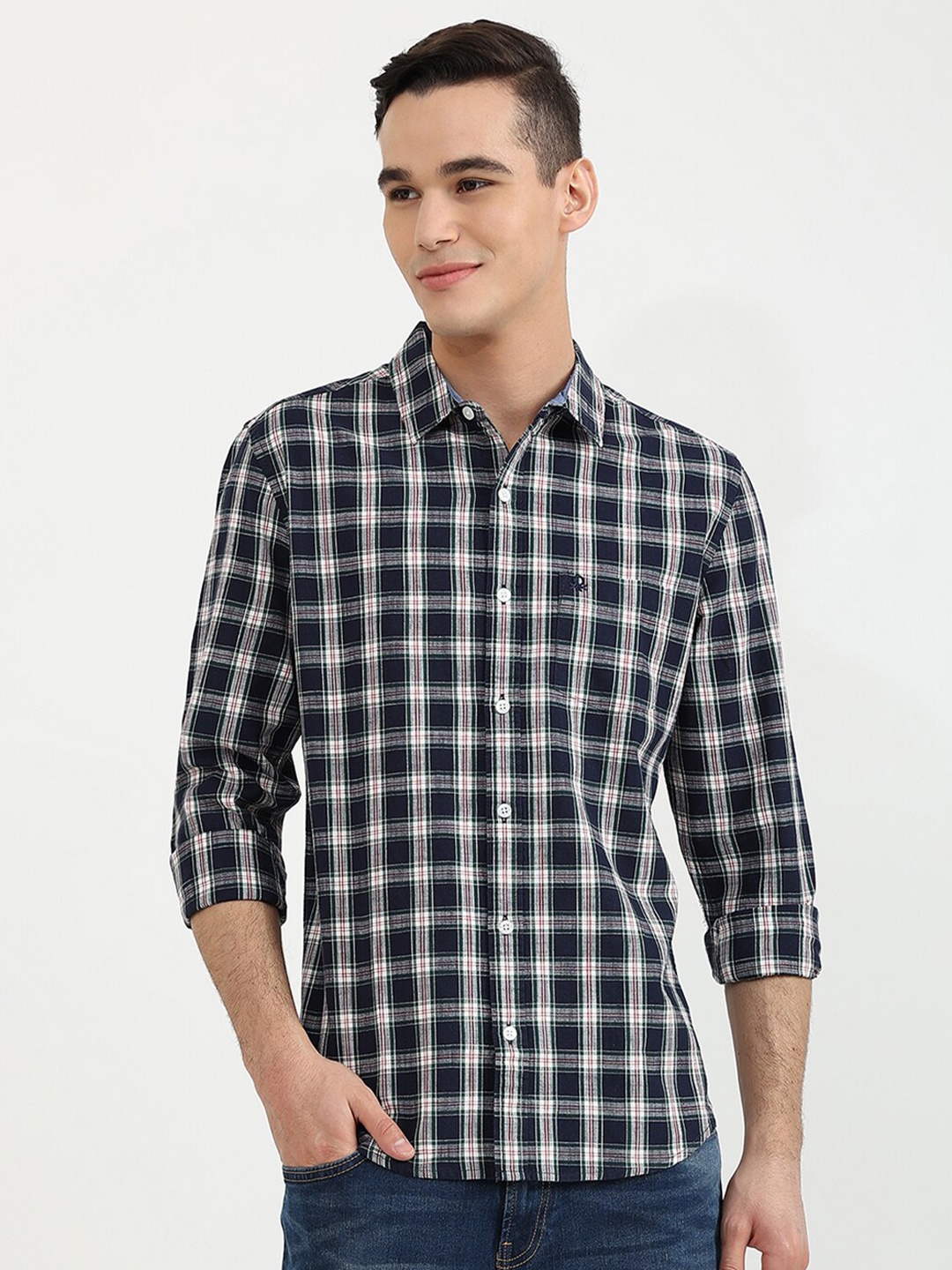 

United Colors of Benetton Men Black Slim Fit Tartan Checked Cotton Casual Shirt