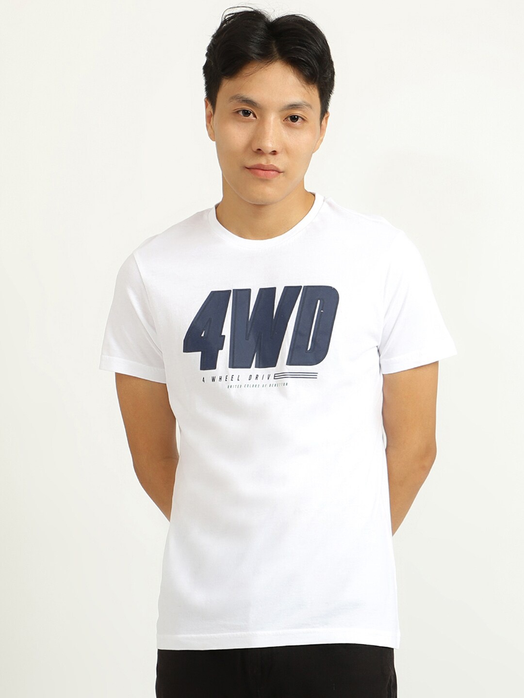 

United Colors of Benetton Men White Typography Printed Cotton T-shirt