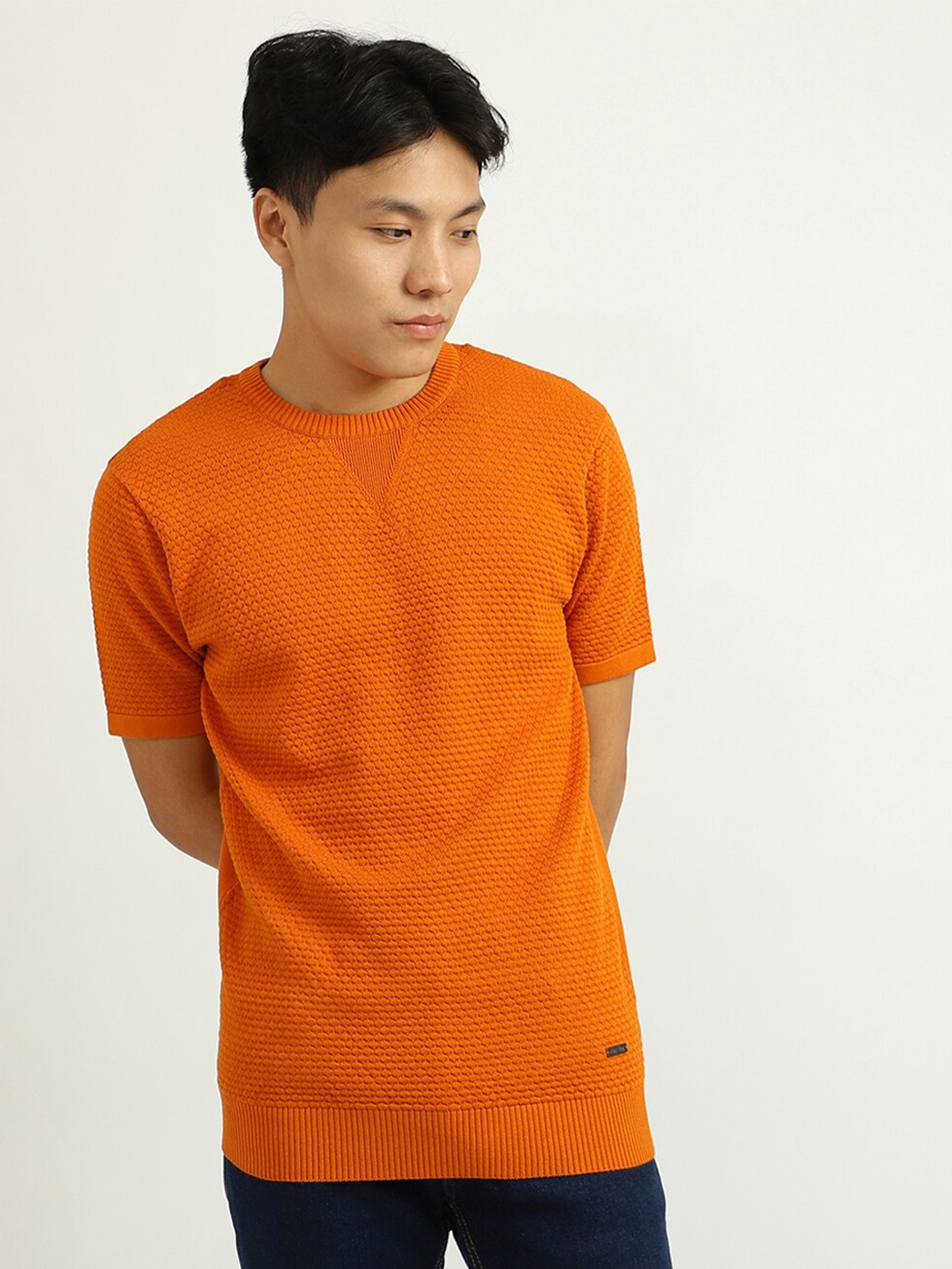 

United Colors of Benetton Men Orange Cable Knit Cotton Pullover Sweater
