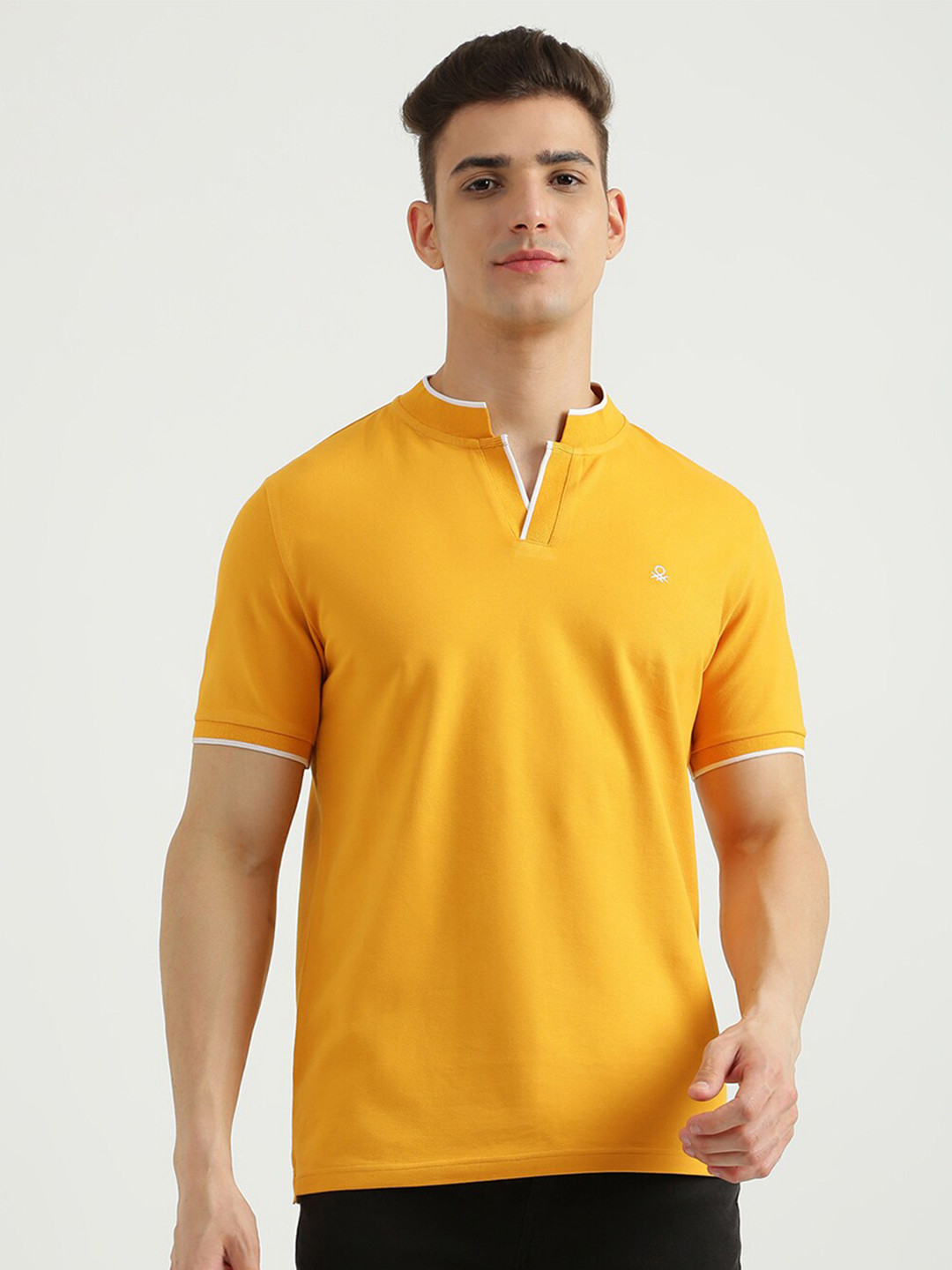 

United Colors of Benetton Men Yellow Mandarin Collar Cotton T-shirt