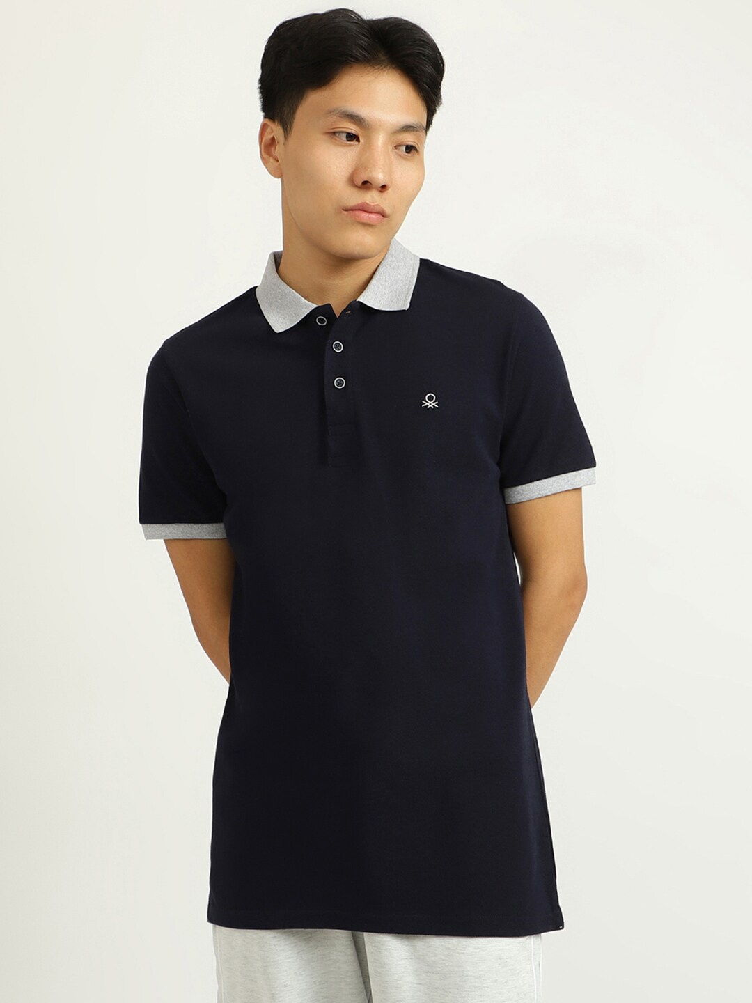 

United Colors of Benetton Men Navy Blue & Grey Polo Collar Cotton T-shirt