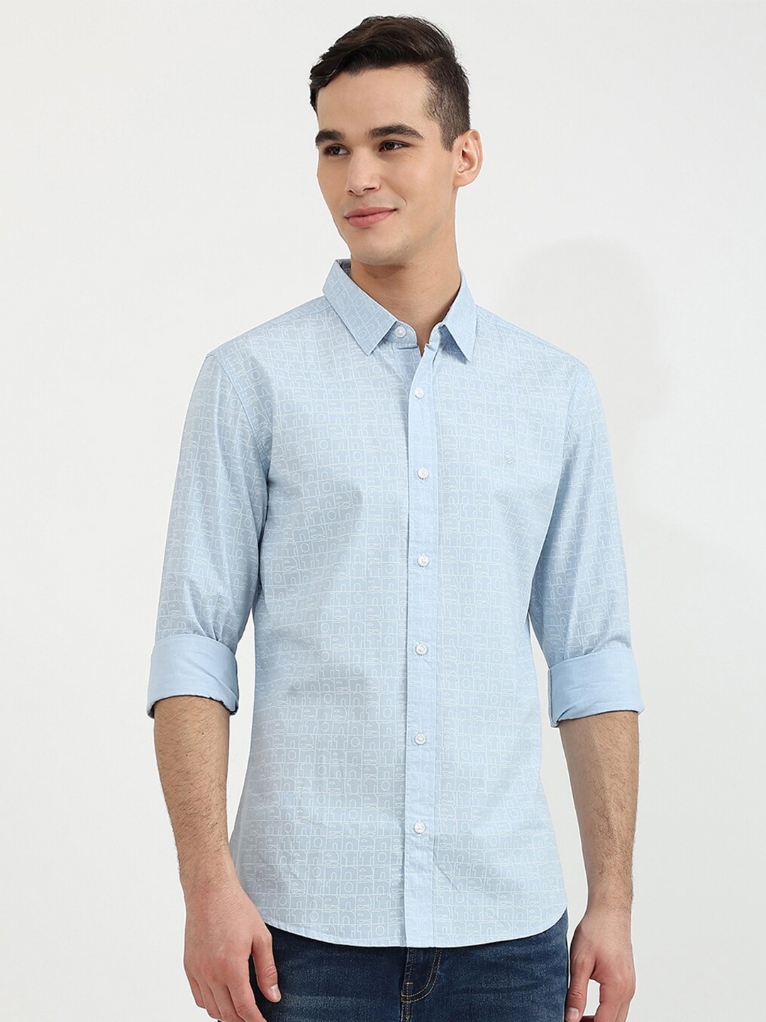 

United Colors of Benetton Men Slim Fit Printed Cotton Casual Shirt, Blue
