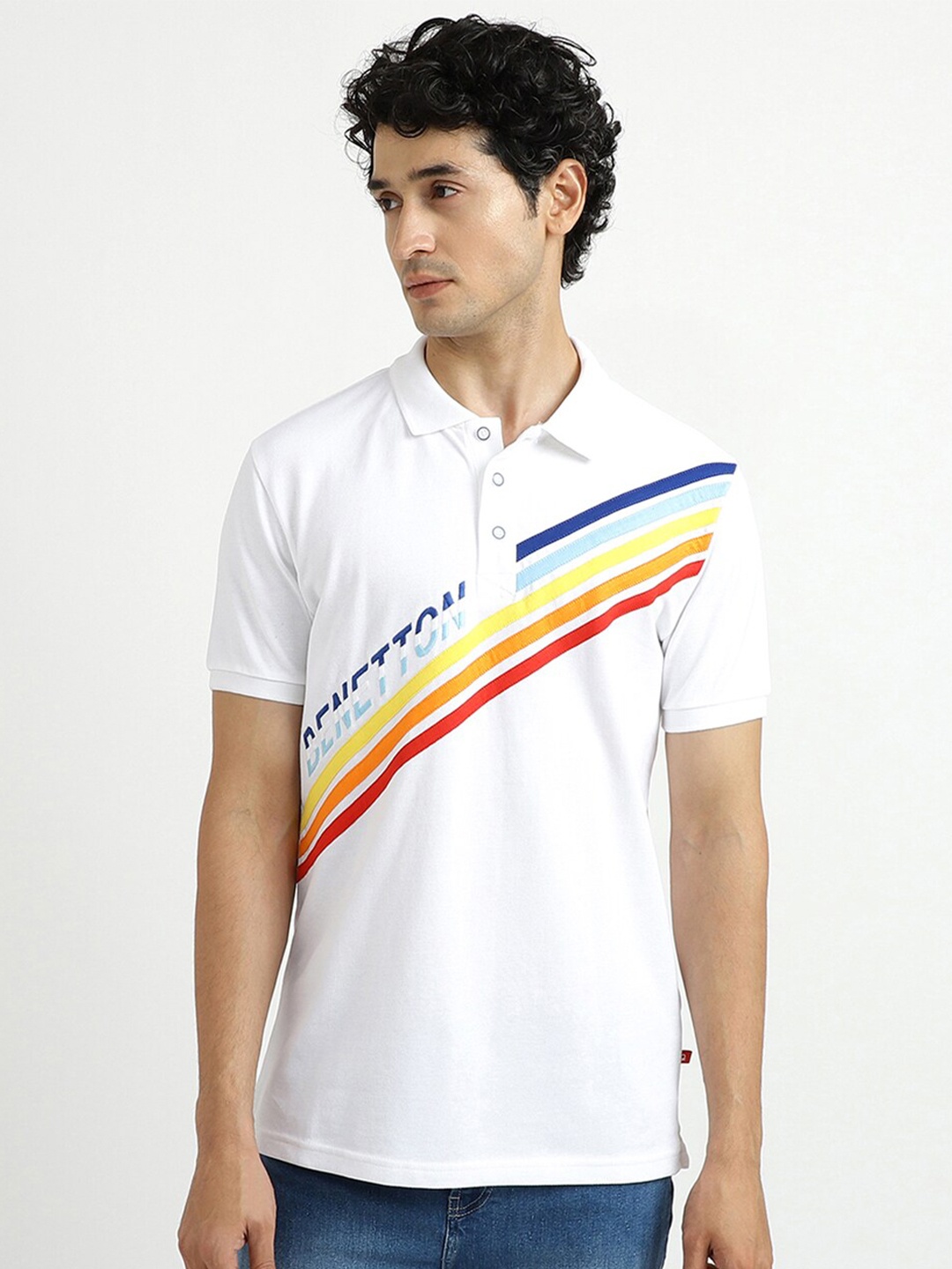 

United Colors of Benetton Men White Polo Collar Cotton T-shirt