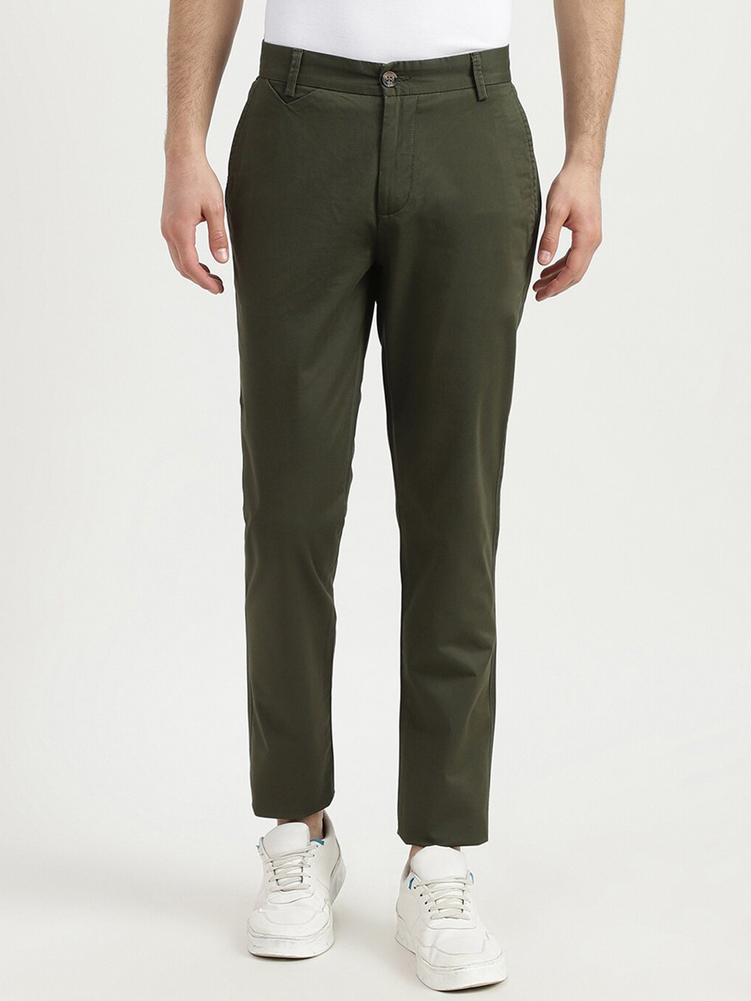 

United Colors of Benetton Men Olive Green Cotton Solid Slim Fit Trousers