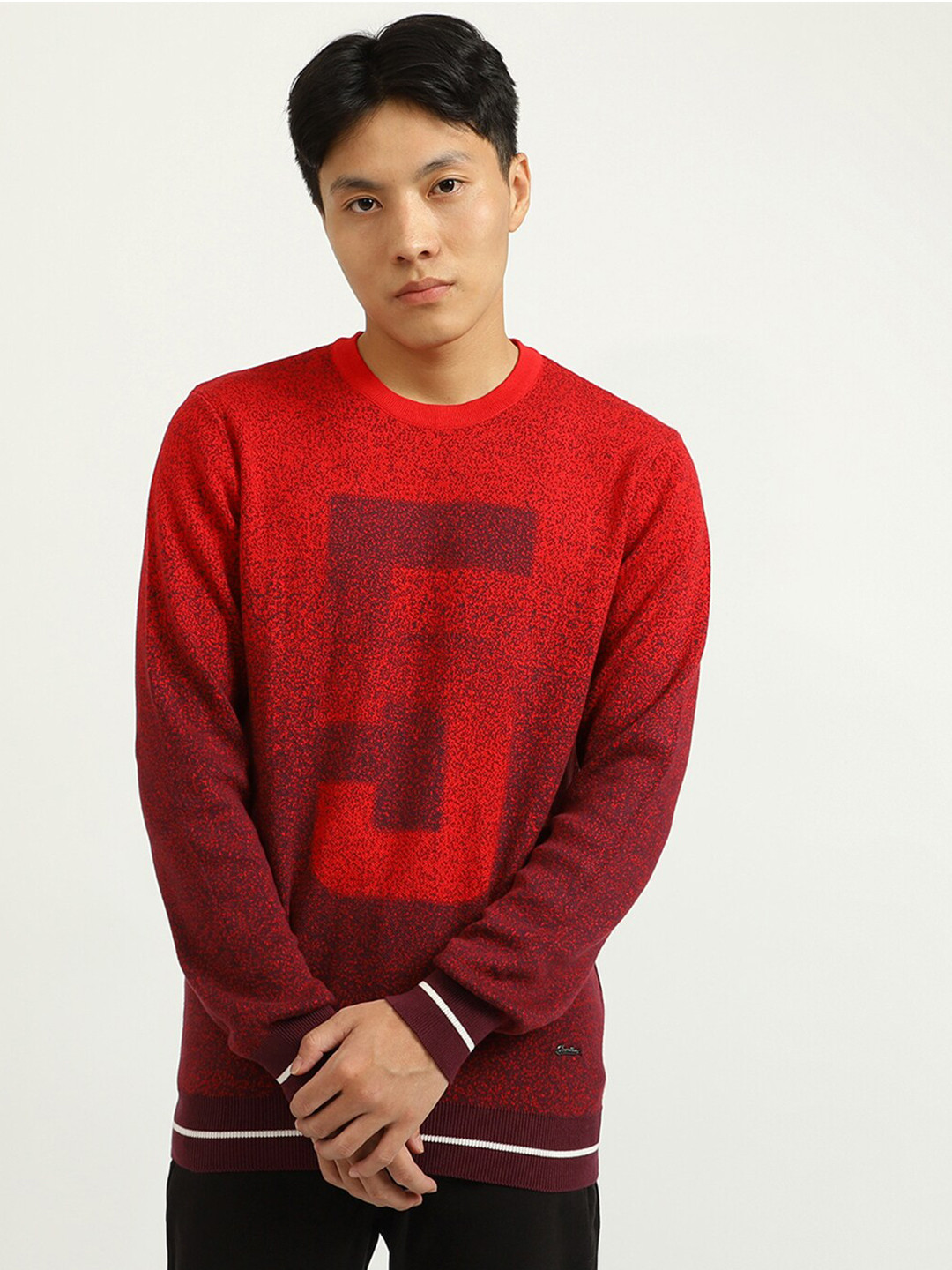 

United Colors of Benetton Men Red & Brown Alphanumeric Cotton Pullover Sweater