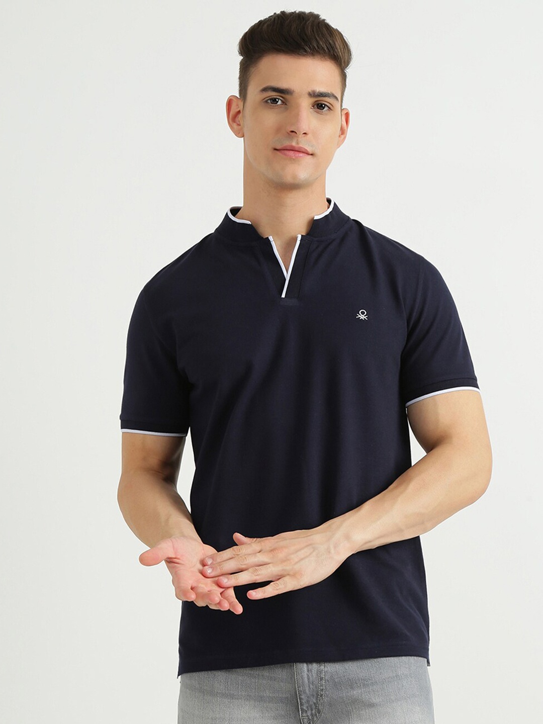 United Colors of Benetton Men Navy Blue Mandarin Collar Cotton T-shirt