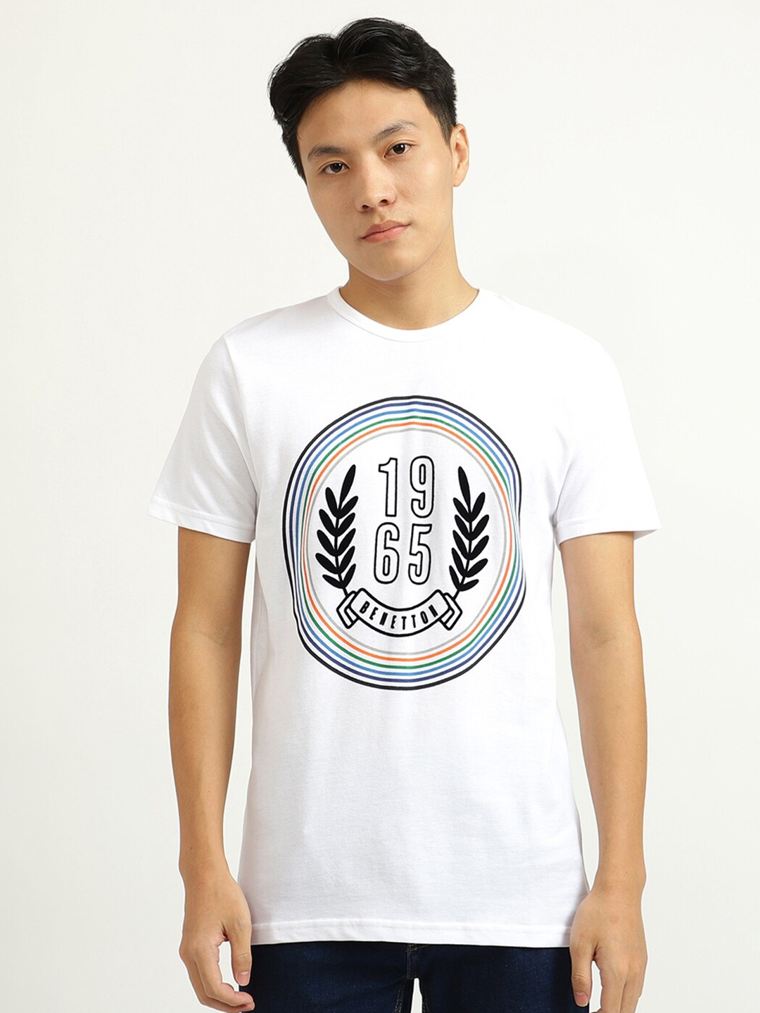 

United Colors of Benetton Men White & Black Printed Cotton T-shirt