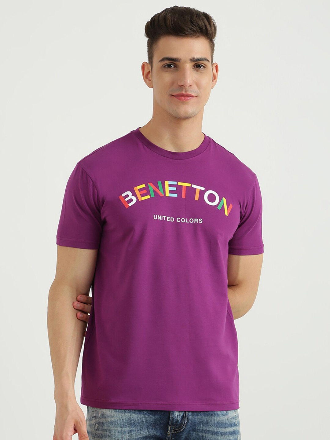 

United Colors of Benetton Men Purple Typography Printed Cotton T-shirt